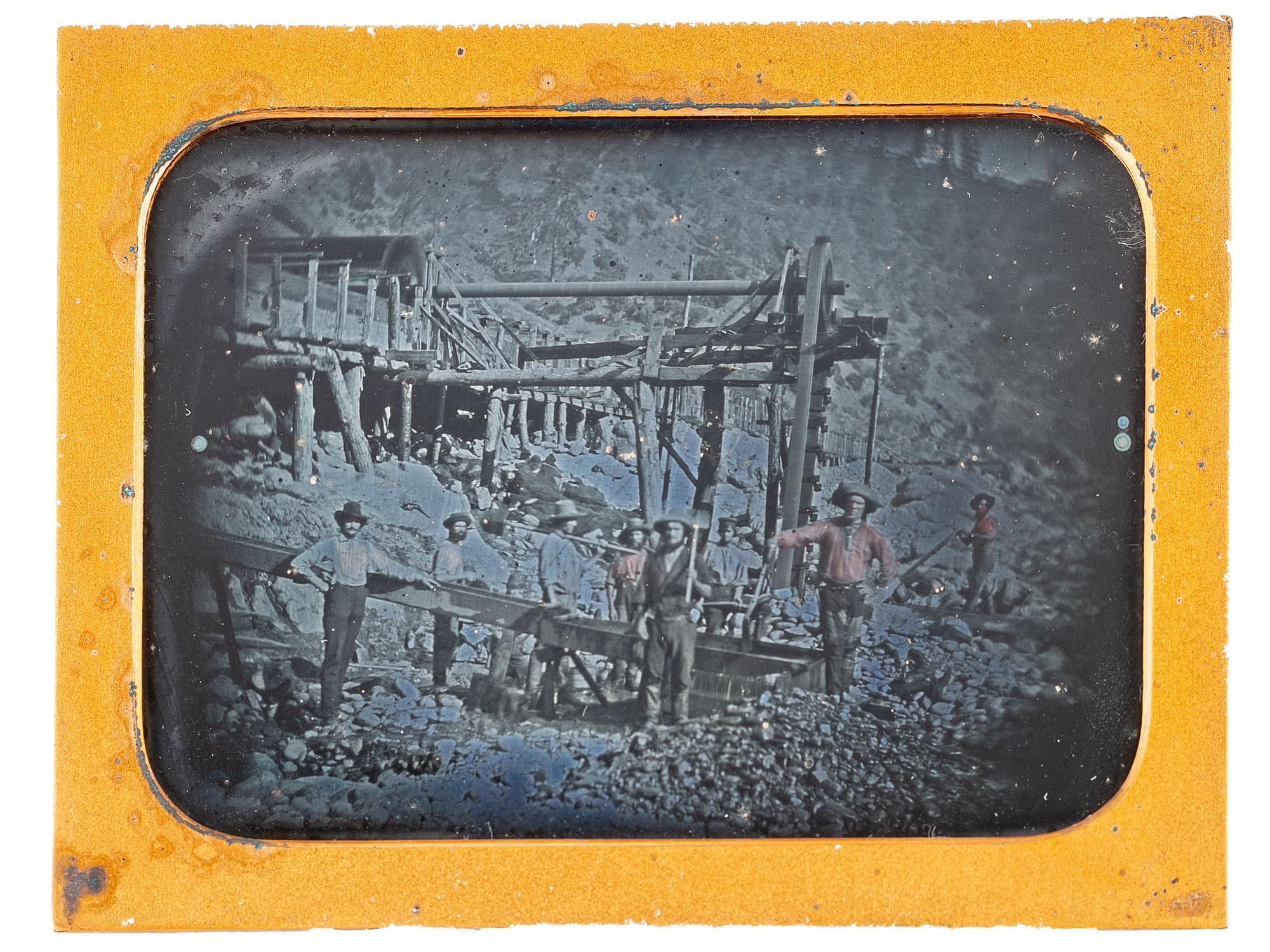 [WESTERN AMERICANA - MINING]. JOHNSON, George M., photographer. Half plate daguerreotype of California gold miners. Ca 1852.