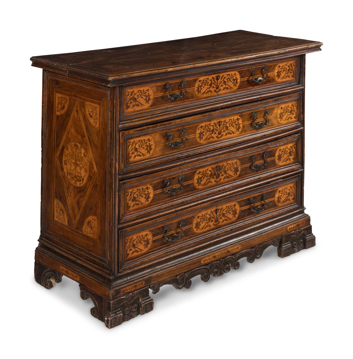 An Italian Baroque Marquetry and Walnut Bureau Chest