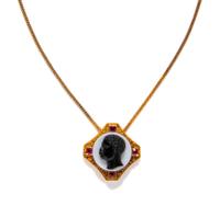 A Neoclassical Gold, Rubie, and Onyx Cameo Pendant with the Portrait Head of a Moore — with a gold chain