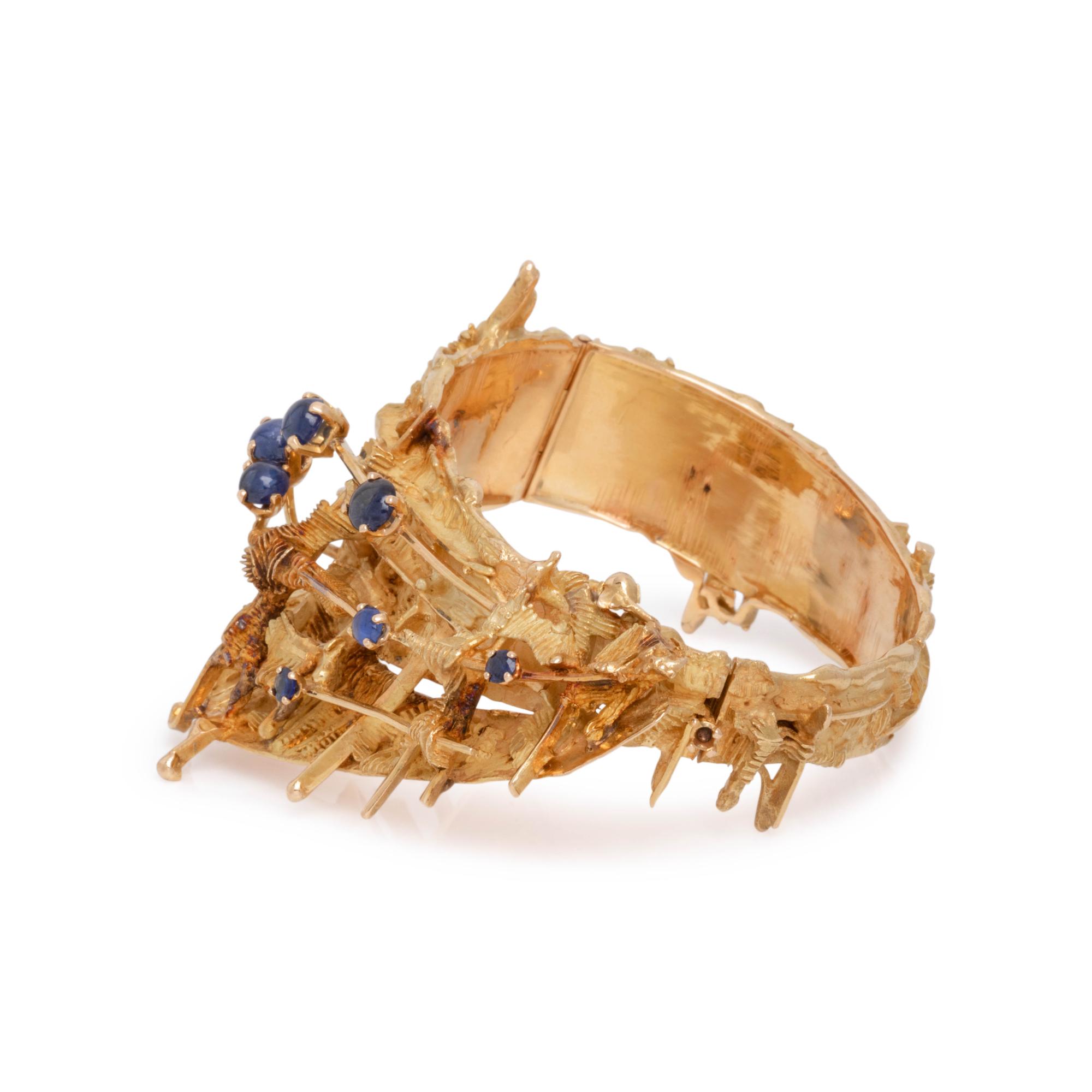 AURELIO TENO, BRUTALIST YELLOW GOLD AND SAPPHIRE BANGLE BRACELET