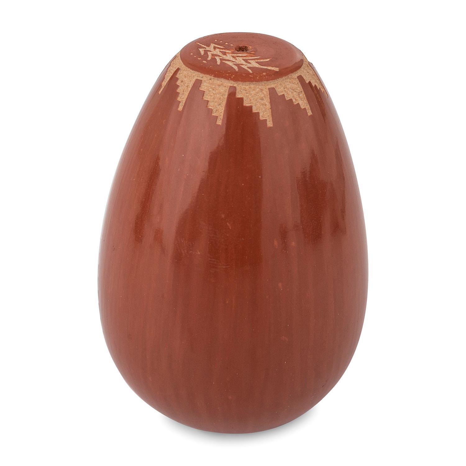 Red and Black Sgraffito Pottery Seed Jar, with Lapis Bead