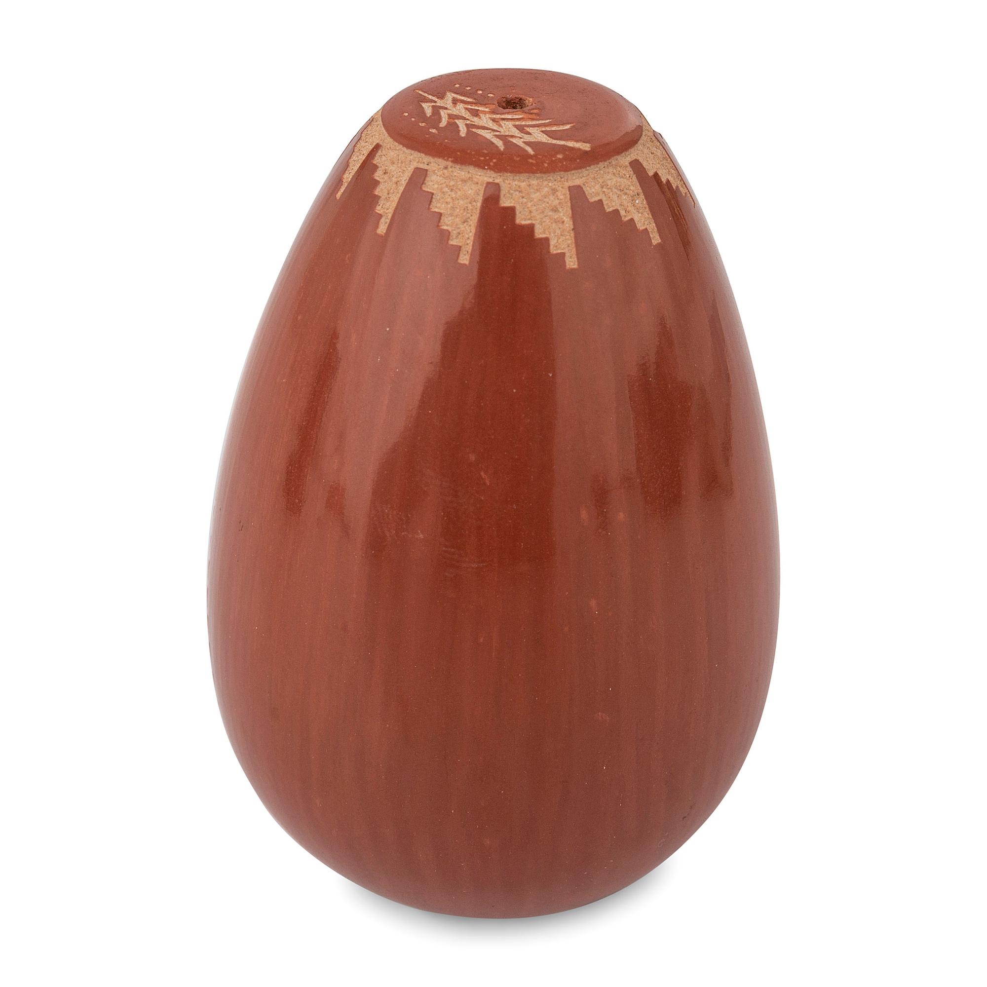 Red and Black Sgraffito Pottery Seed Jar, with Lapis Bead