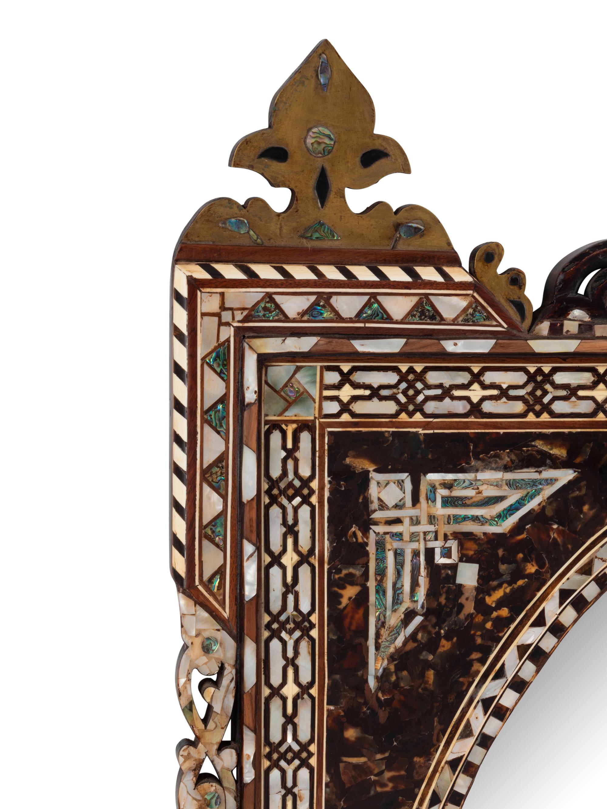 A Pair of Levantine Bronze Mounted Marquetry and Mother-of-Pearl Mirrors