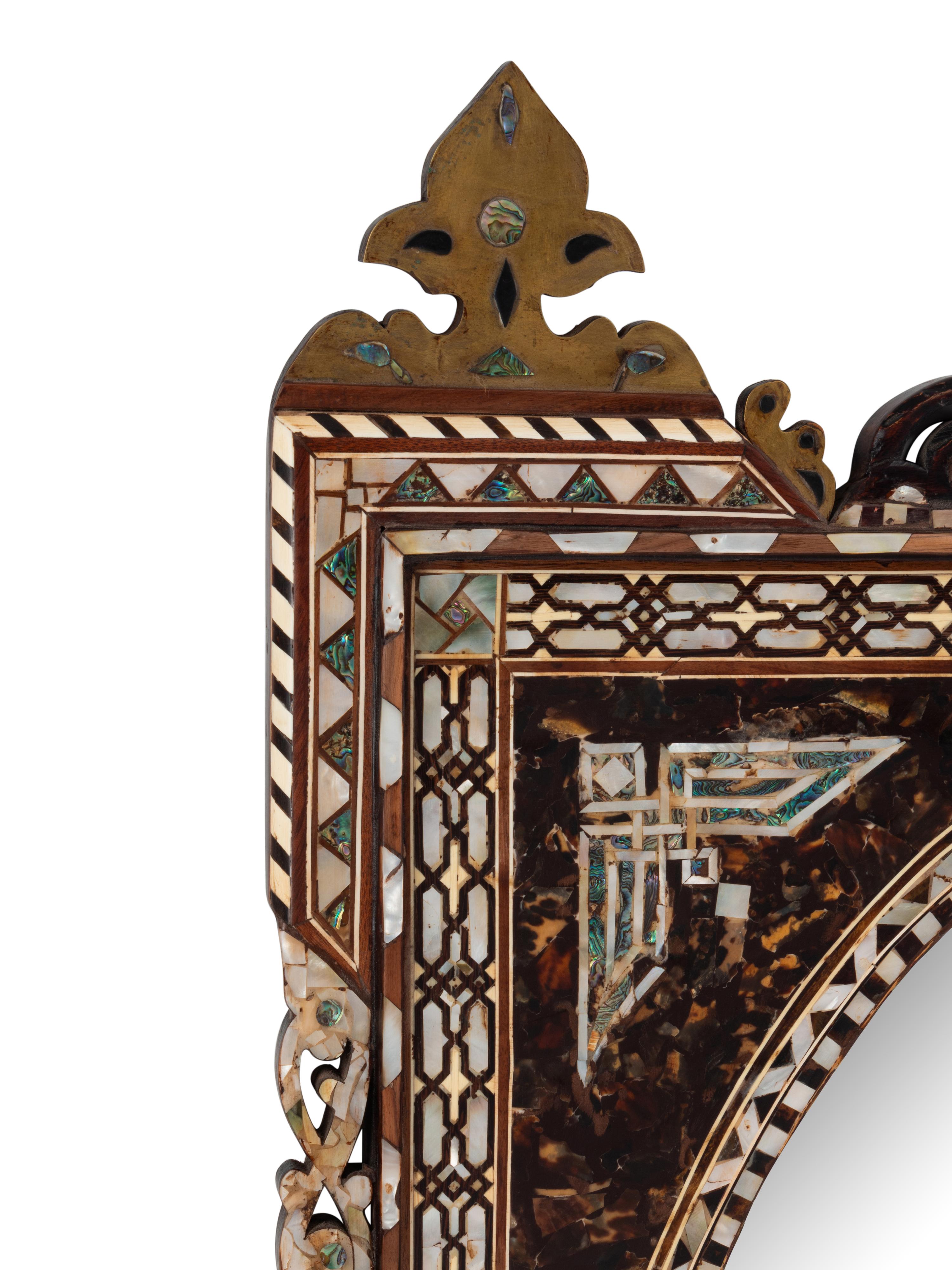 A Pair of Levantine Bronze Mounted Marquetry and Mother-of-Pearl Mirrors