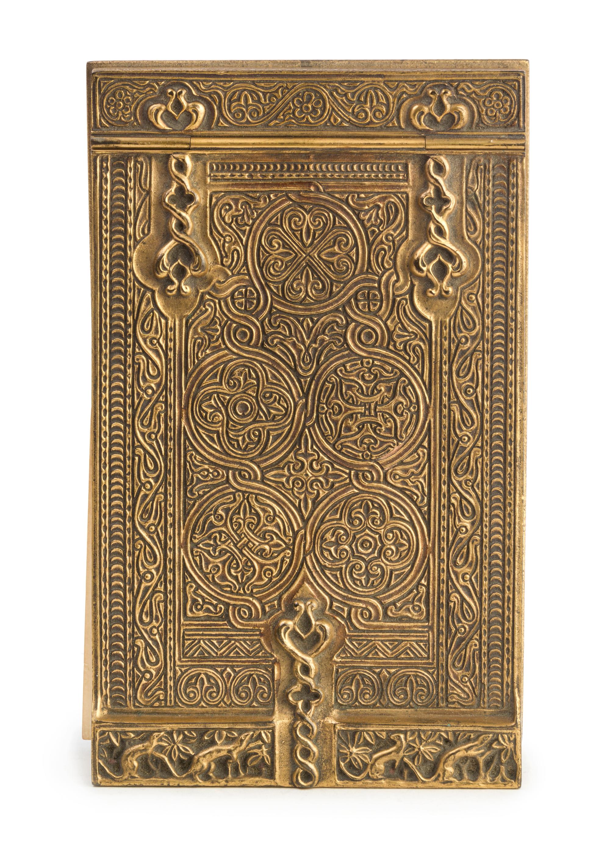 Tiffany Studios, a Venetian pattern bronze dore notepad holder (1691)