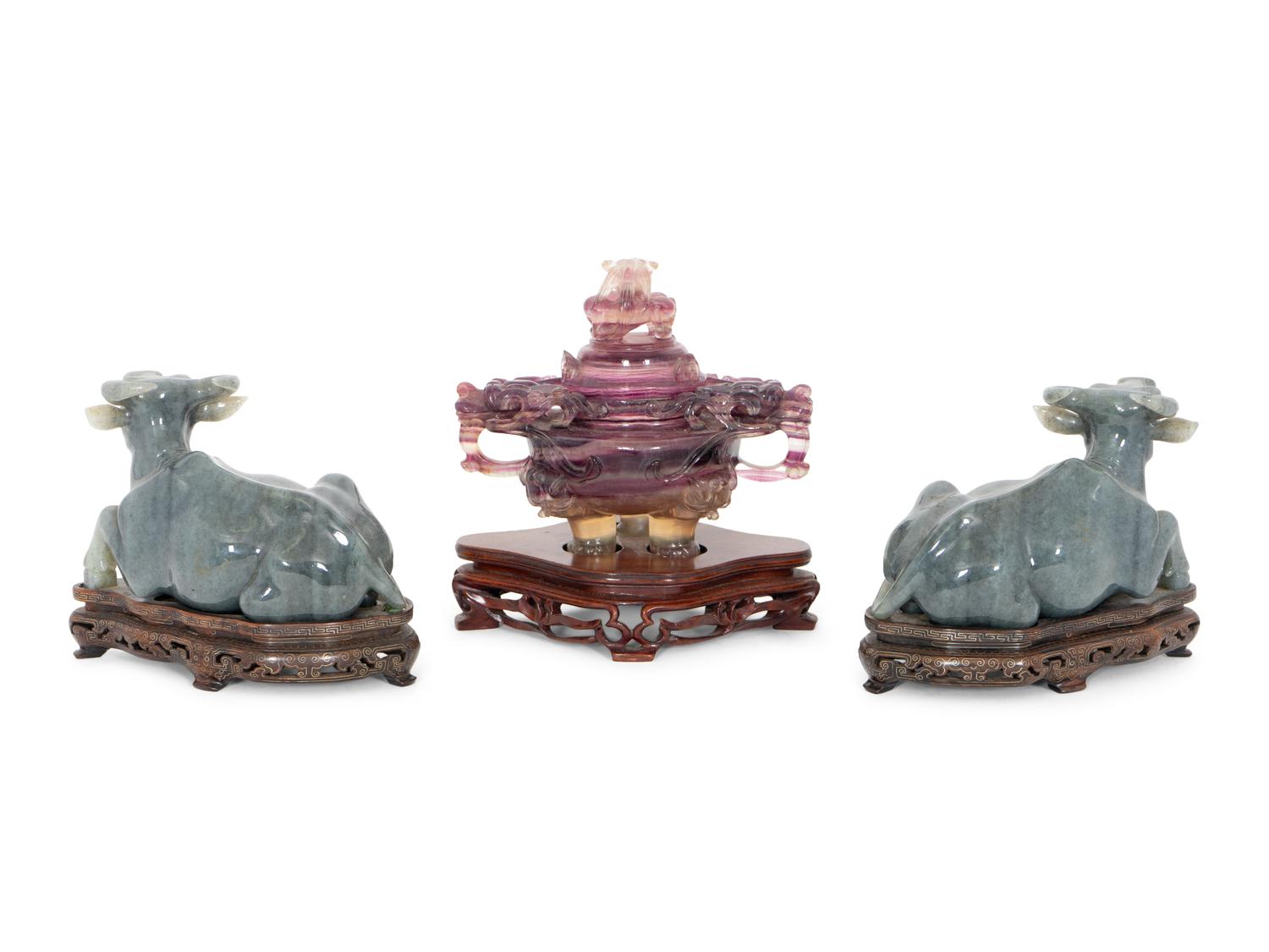 A Trio of Chinese Carved Hardstone Figures on Stands