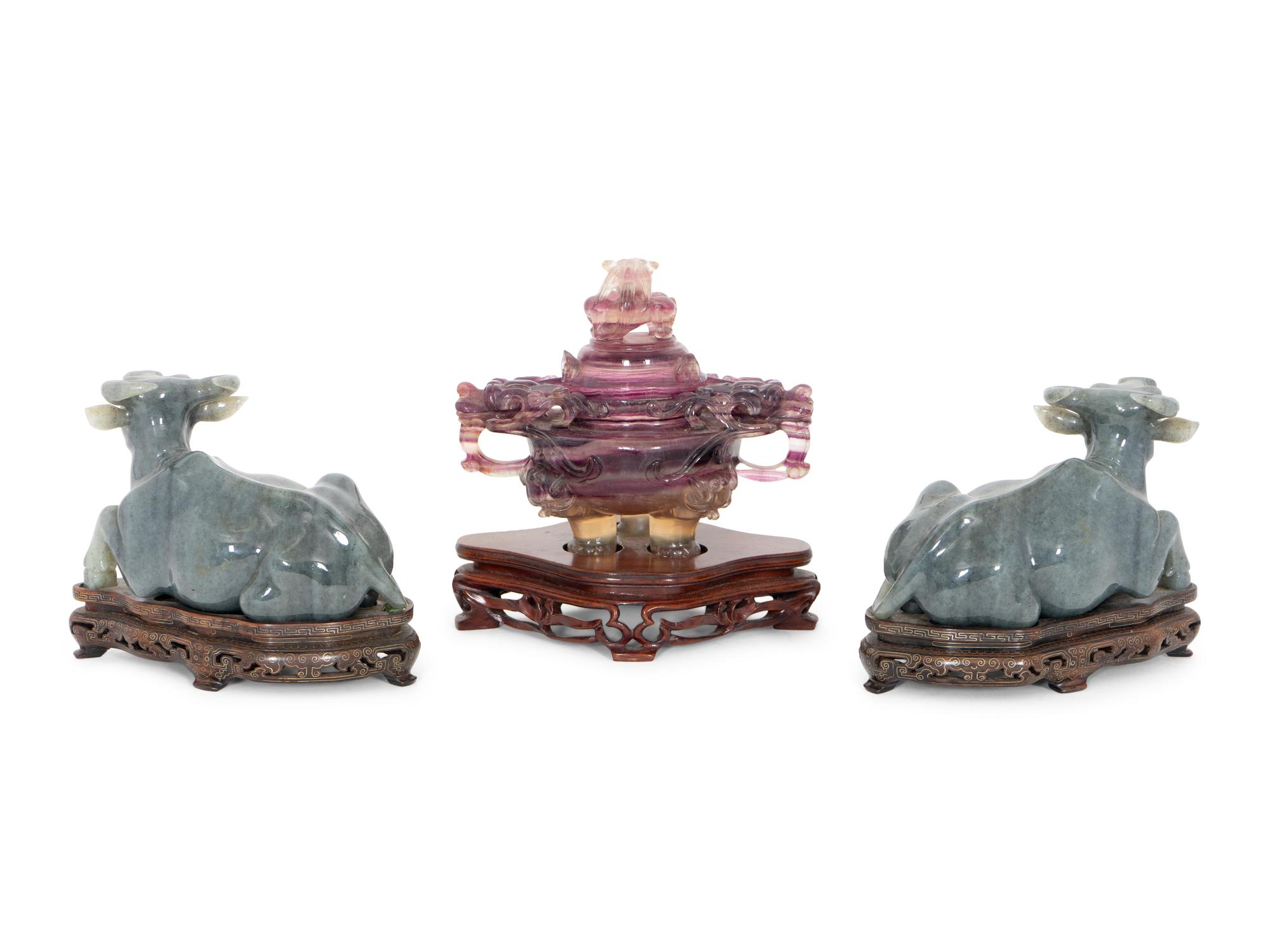 A Trio of Chinese Carved Hardstone Figures on Stands