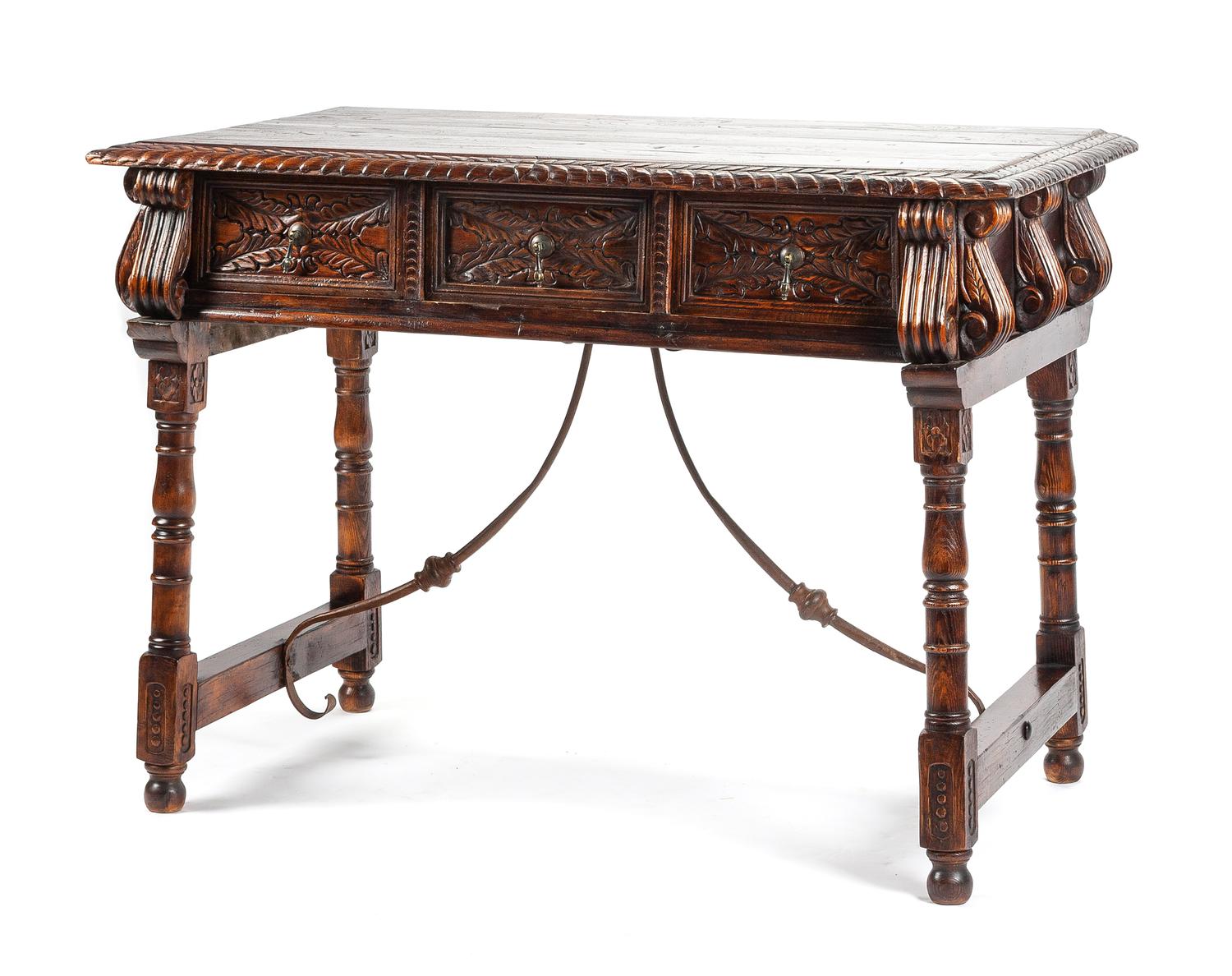 A Spanish Renaissance Revival Iron Mounted Walnut Trestle Table Height 36 x width 50 x depth 26 inches.