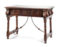 A Spanish Renaissance Revival Iron Mounted Walnut Trestle Table Height 36 x width 50 x depth 26 inches.