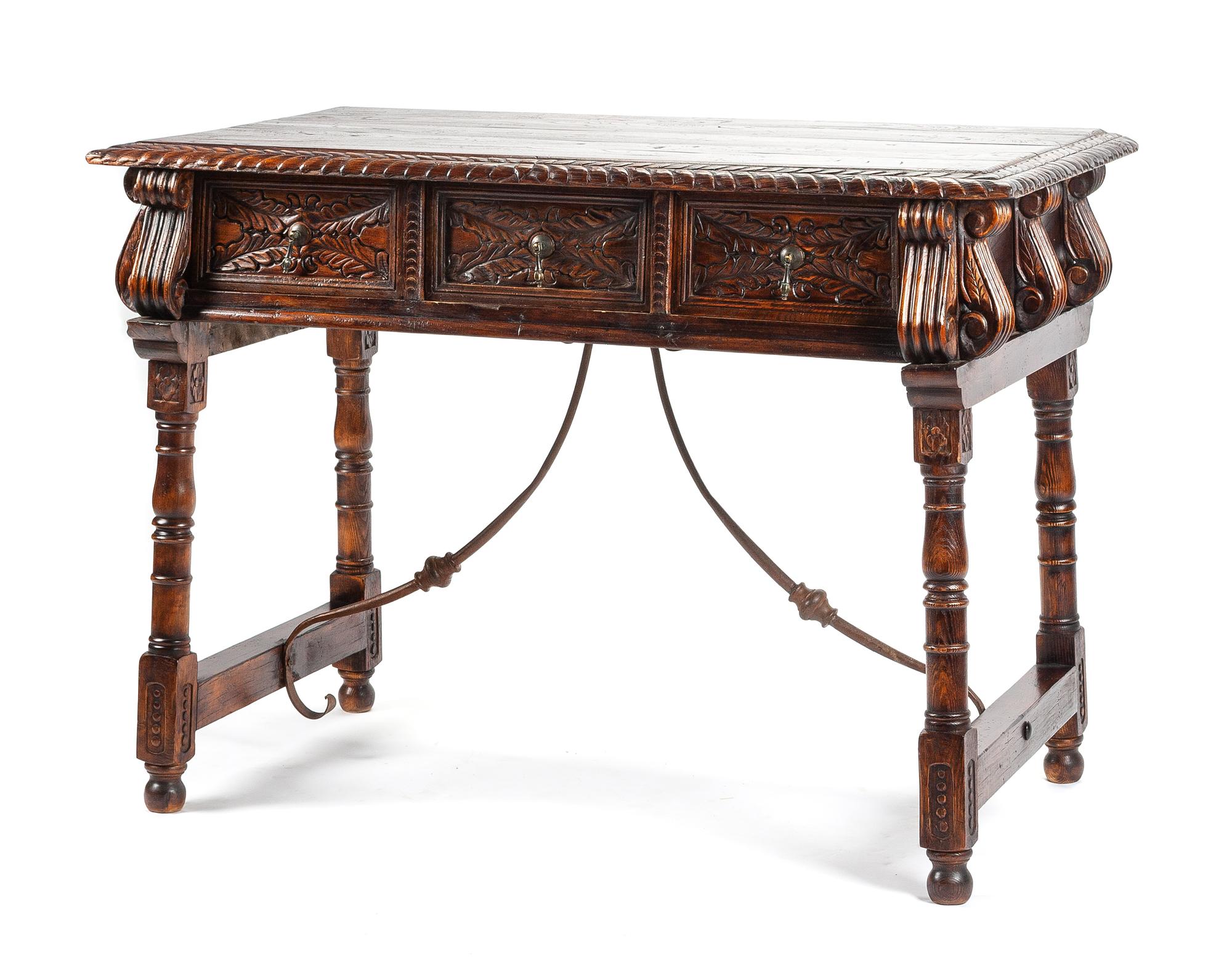 A Spanish Renaissance Revival Iron Mounted Walnut Trestle Table Height 36 x width 50 x depth 26 inches.