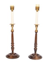 A Pair of Brass Mounted Mahogany Candlesticks