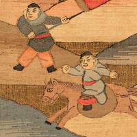 A Large Chinese Kesi 'Three Kingdom ' Silk Panel and Two Small Fragments, Late 19th Century 清晚期 金地緙絲三國故事圖挂賬及人物故事圖兩幅