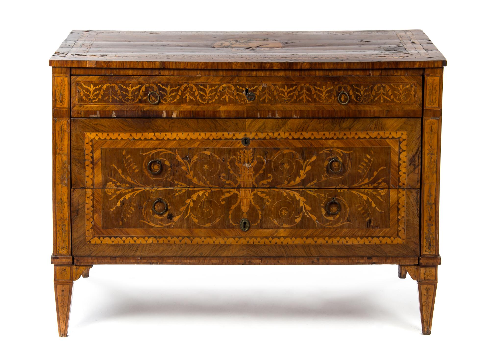A Continental Marquetry Commode, Height 35 x width 48 3/4 x depth 22 3/4 inches.