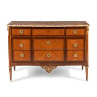 A Louis XVI Gilt Bronze Mounted Tulipwood, Marquetry and Marble-Top Commode