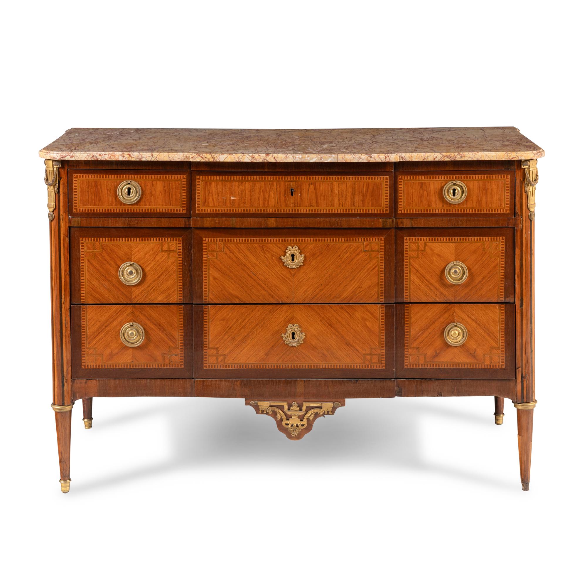 A Louis XVI Gilt Bronze Mounted Tulipwood, Marquetry and Marble-Top Commode