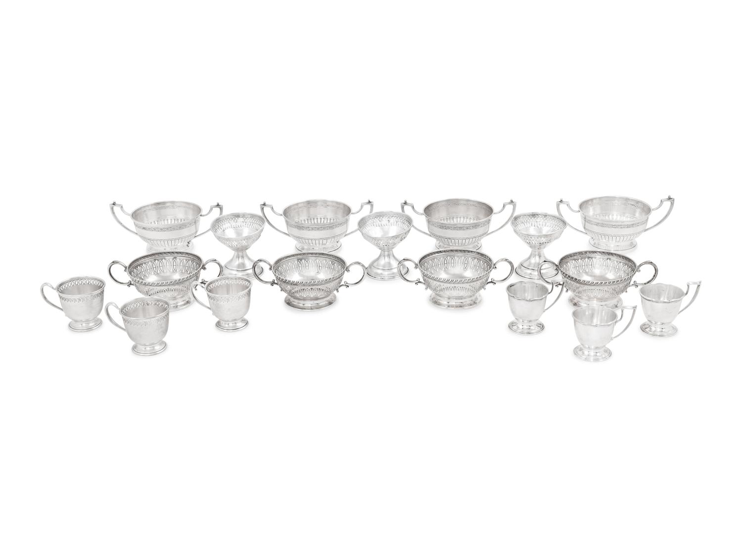 An Assembled Set of American Silver Demitasse Cups, Soups and Desserts