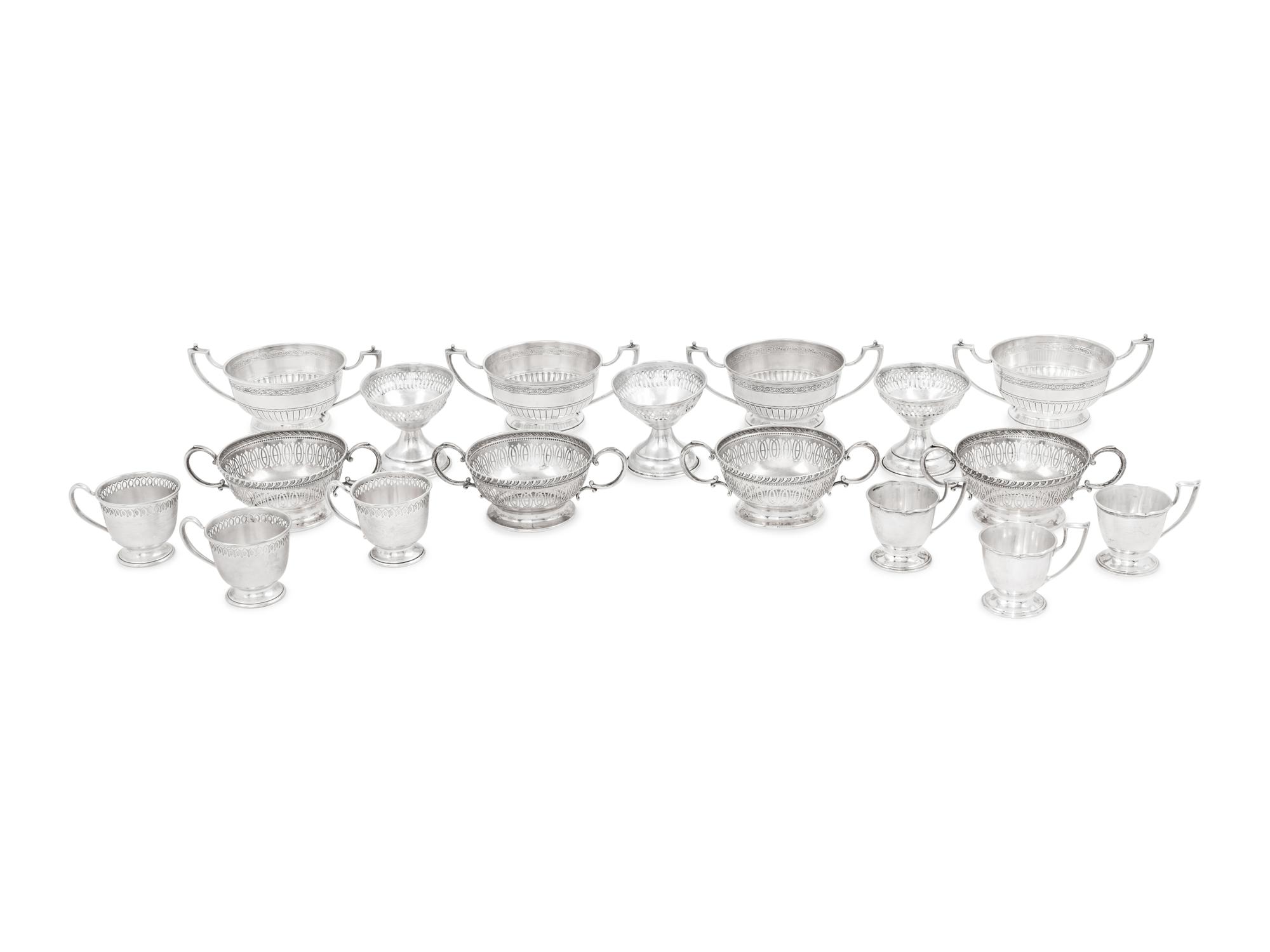 An Assembled Set of American Silver Demitasse Cups, Soups and Desserts