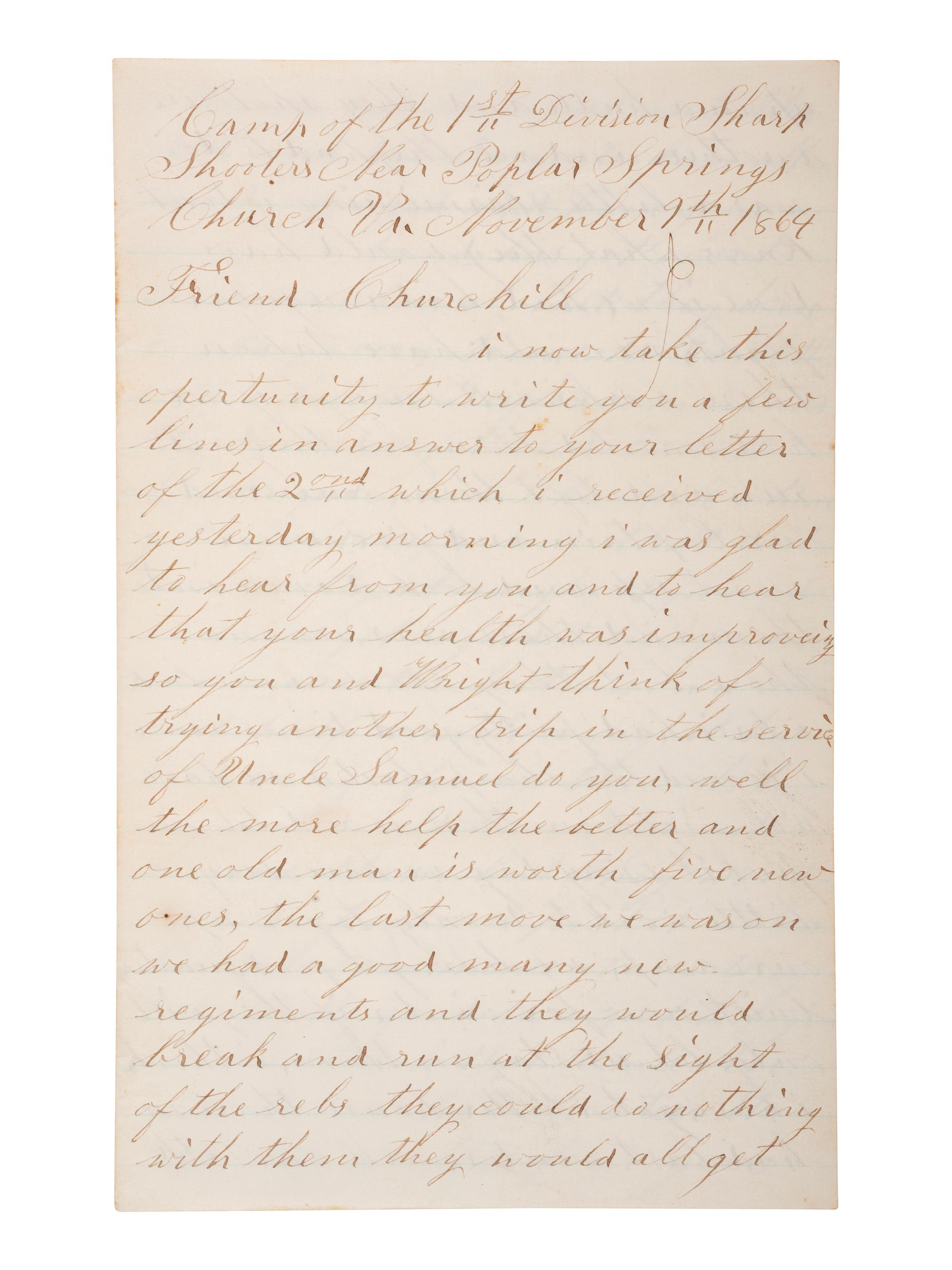 [CIVIL WAR]. Letter from a sharpshooter, 18th & 32nd MA, 1st Div., V Corps, describing his rifle.