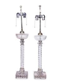 A Pair of English Cut Glass Fluid Lamps Converted to Electricity