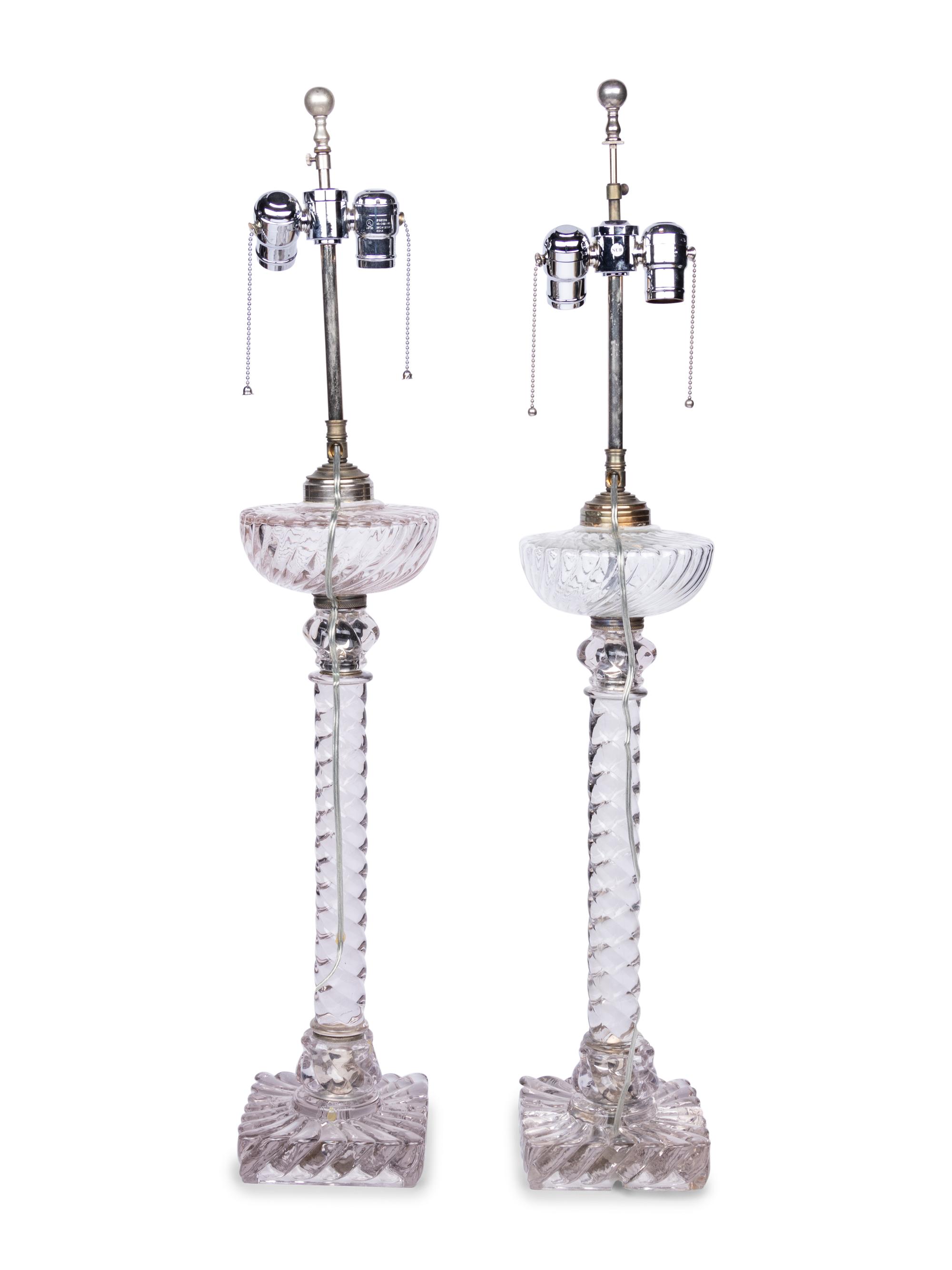 A Pair of English Cut Glass Fluid Lamps Converted to Electricity
