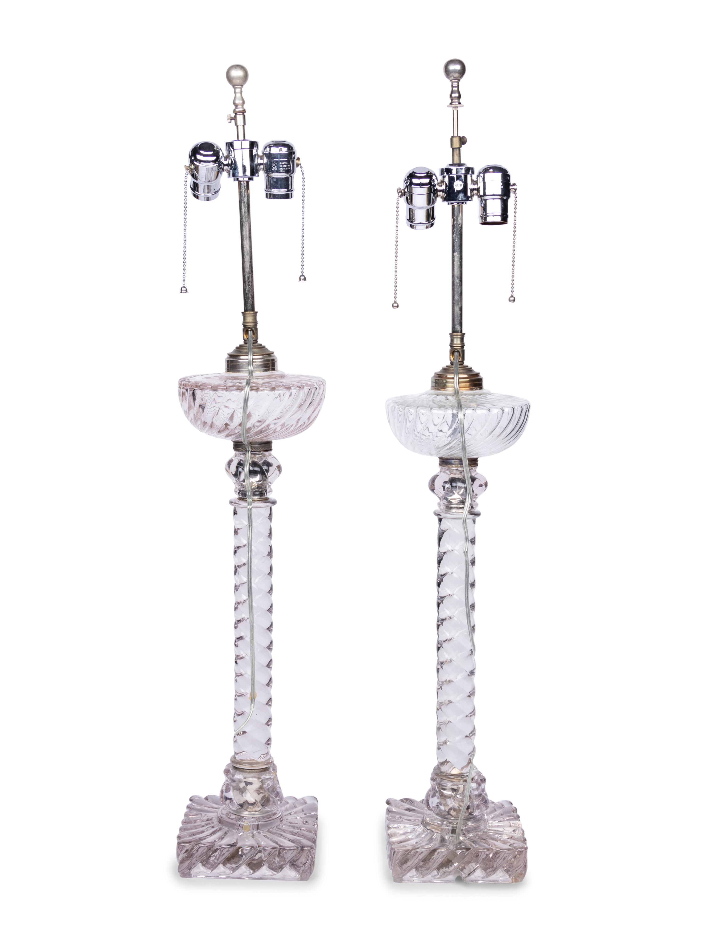 A Pair of English Cut Glass Fluid Lamps Converted to Electricity