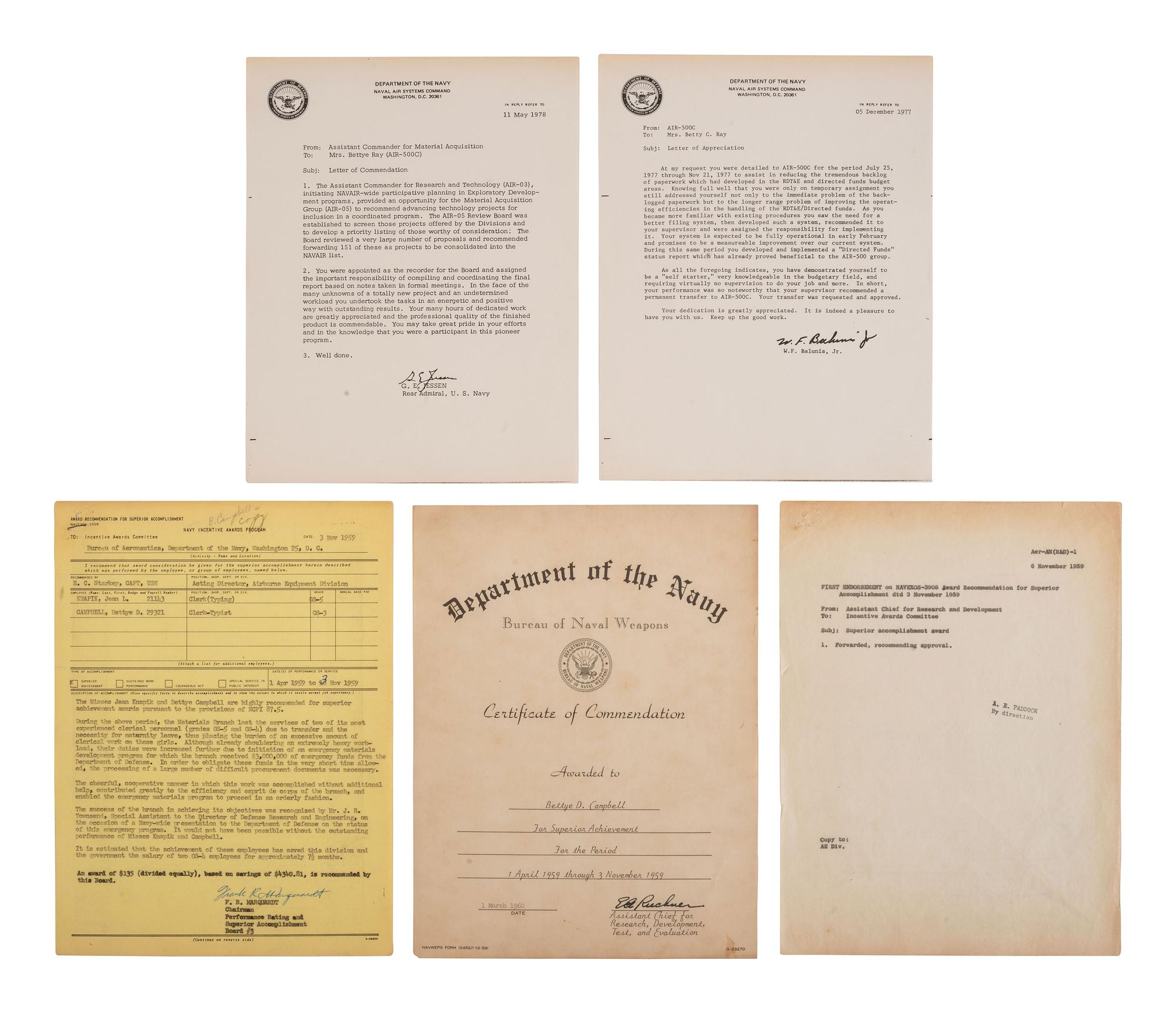 [WOMEN] -- [MILITARIA]. Collection of commendations and ephemera associated with Mrs. Bettye Campbell Ray (1937-2022), Department of the Navy. Ca 1950s-1970s.