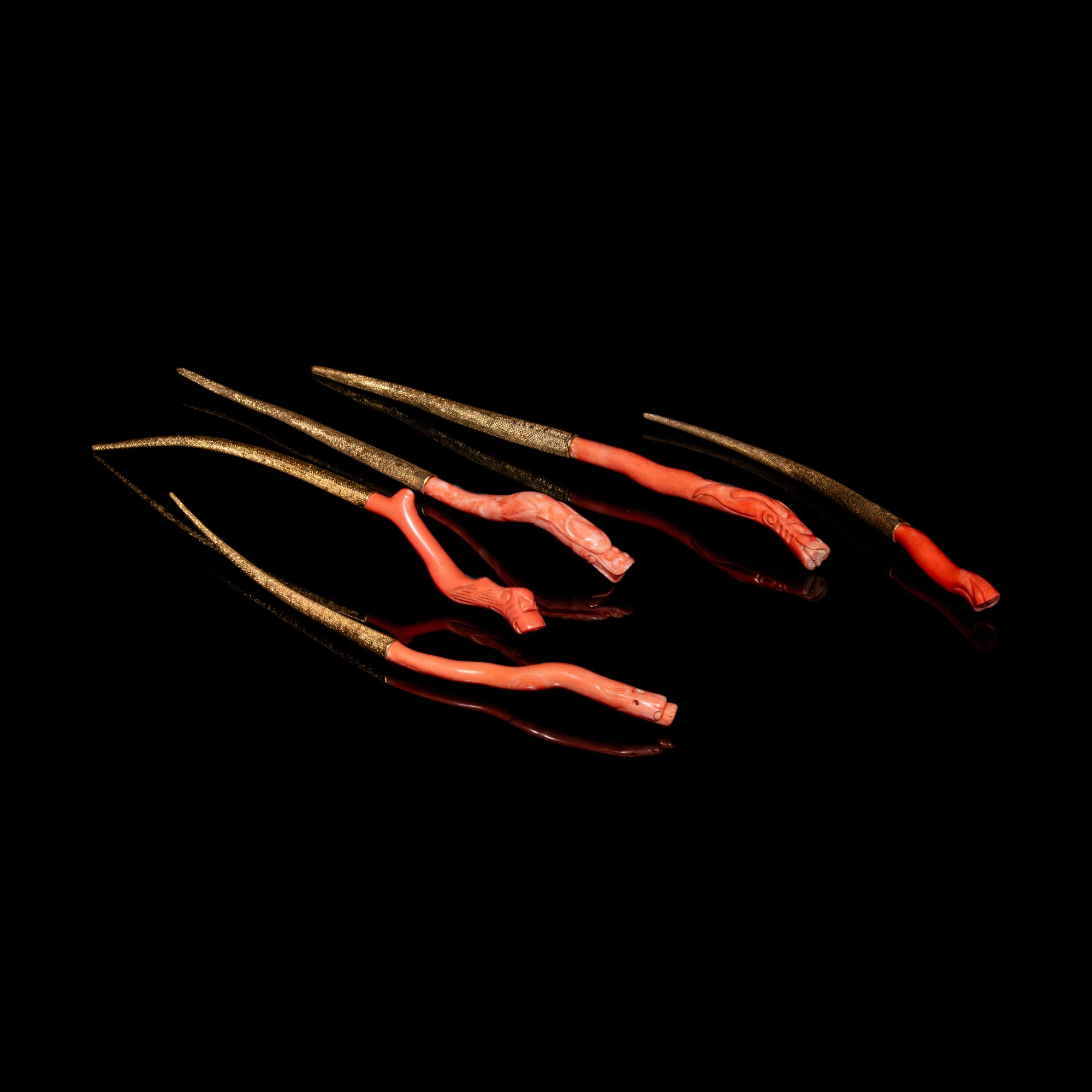Five Red Coral Mounted 24K Gilt Hairpins, Zan, 20th Century