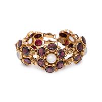 GARNET, MOONSTONE, AND YELLOW GOLD BRACELET