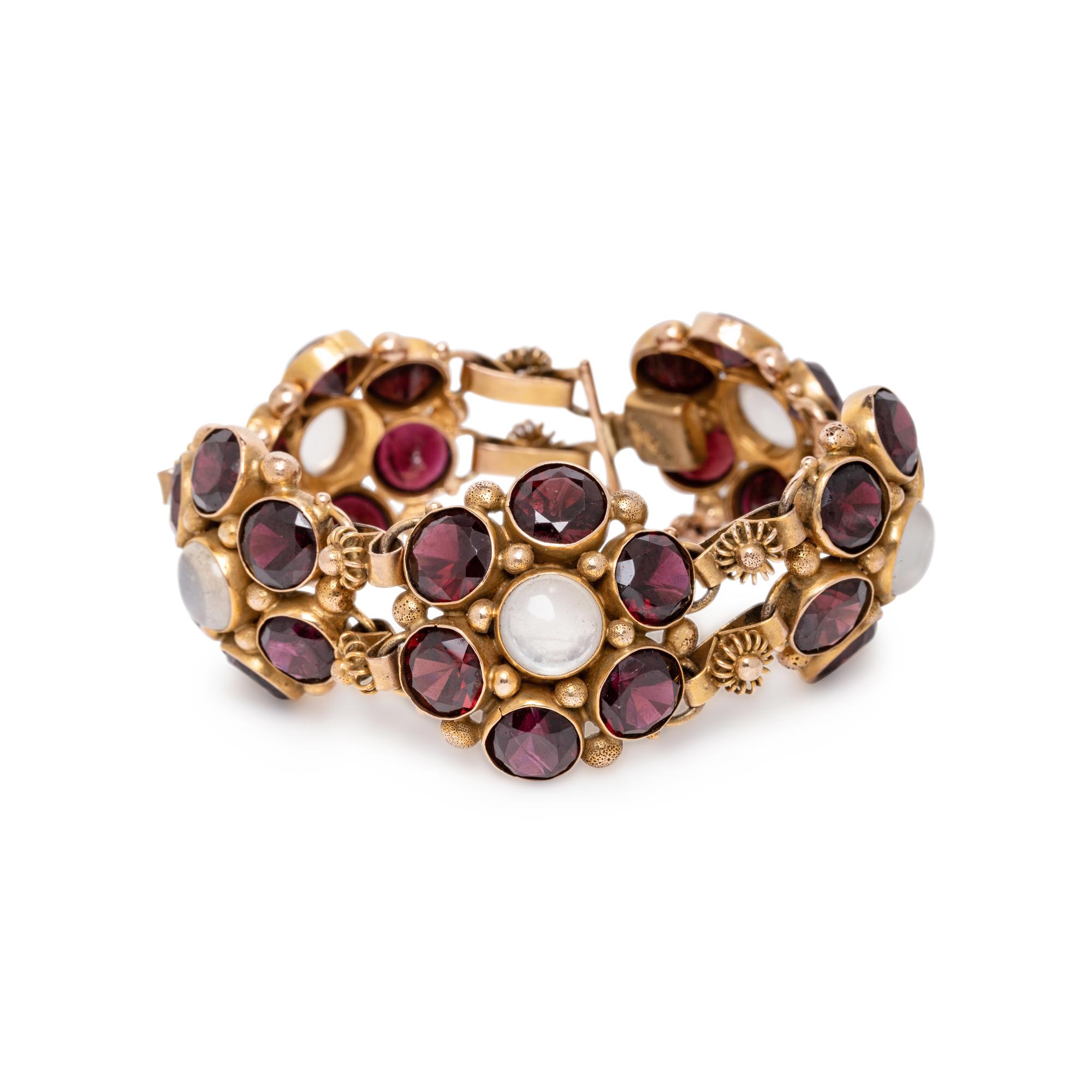 GARNET, MOONSTONE, AND YELLOW GOLD BRACELET