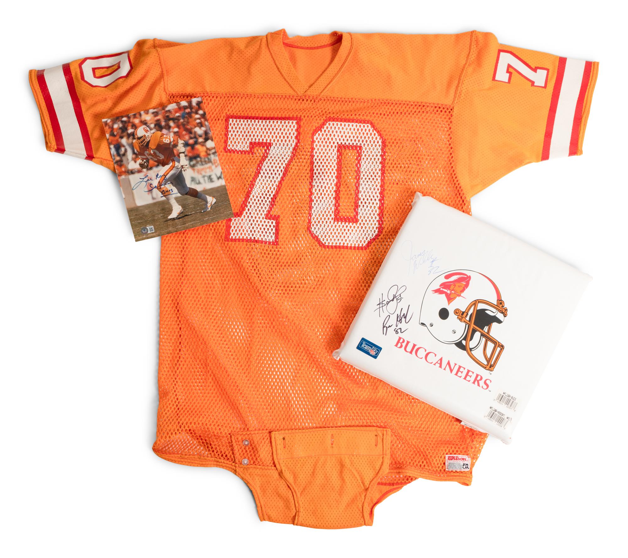 A Vintage 1970-80s Tampa Bay Buccaneers Game Issued "Creamsicle" Football Jersey and Group of Signed Autograph Items,