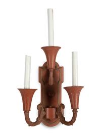A Pair of Red and Gilt Decorated Tole Three-Light Wall Sconces