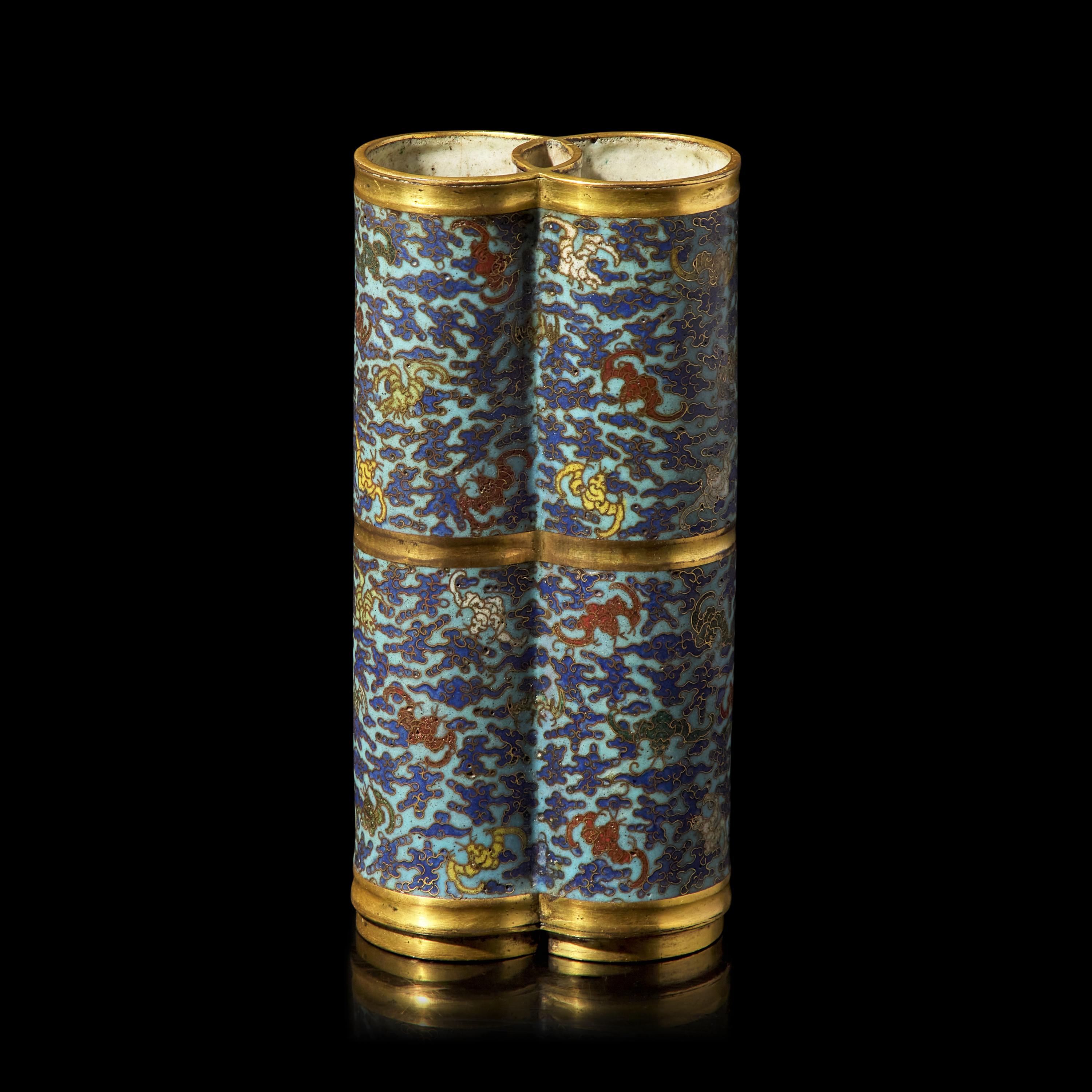 An Unusual Chinese Cloisonné 'Double Coins' Vase, 18th Century 清中期 掐絲琺瑯雲蝠紋雙聯瓶