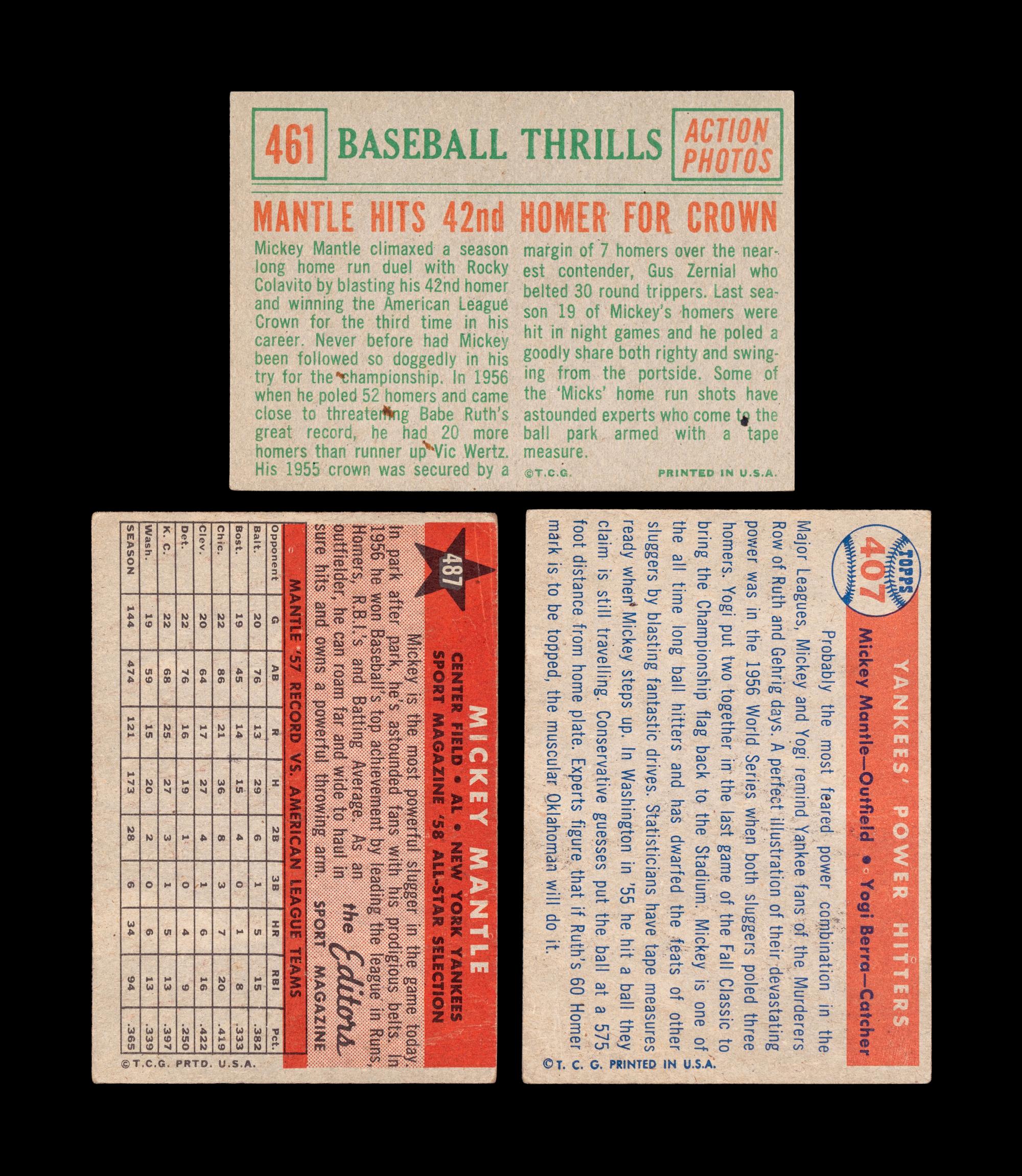 A Group of Three 1950s Topps Mickey Mantle Baseball Cards,