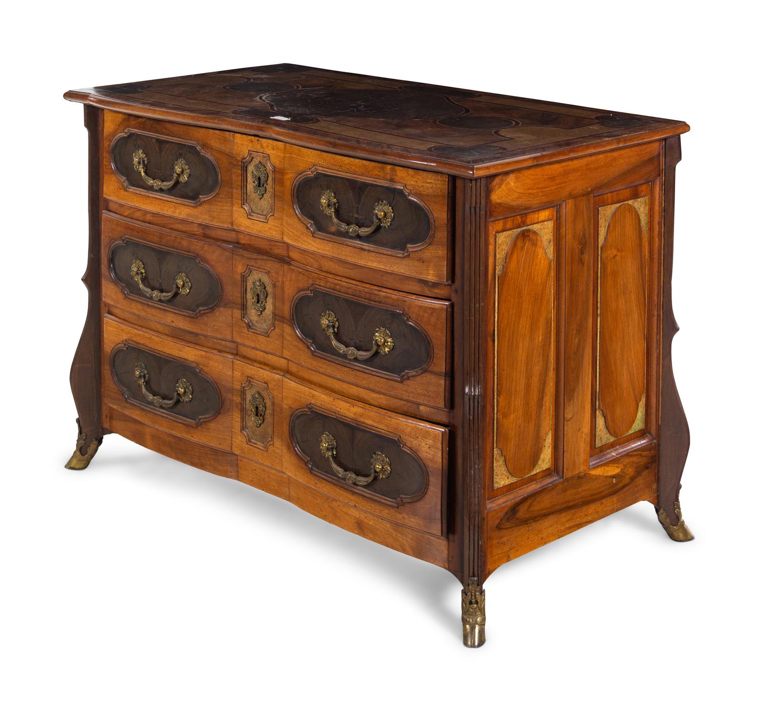 A Louis XIV Gilt Bronze Mounted Walnut and Oysterwood Commode