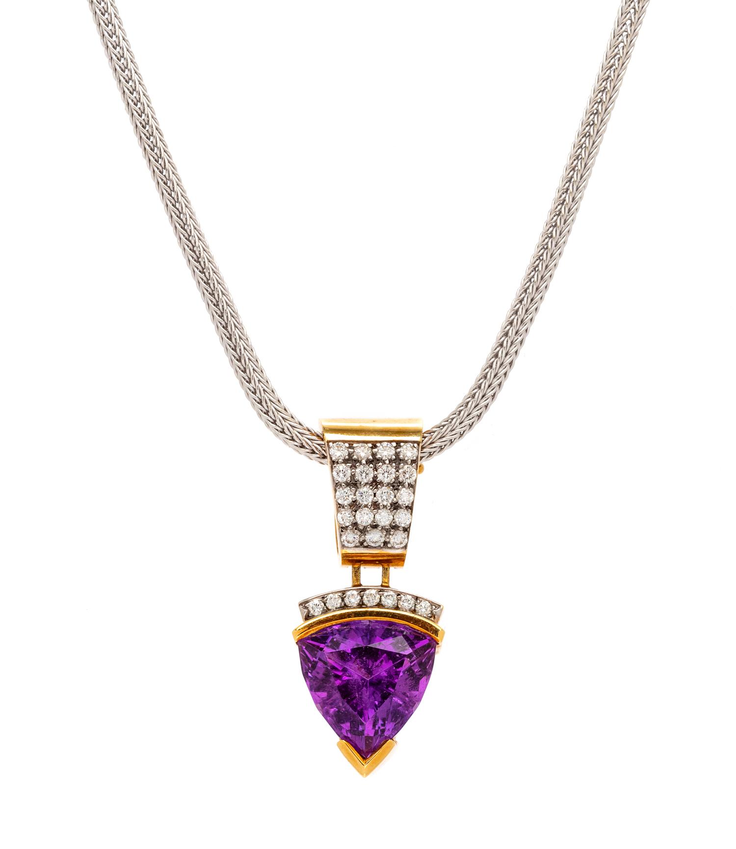 An 18 Karat Yellow Gold, Amethyst and Diamond Pendant with 14 Karat White Gold Chain,