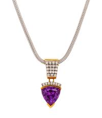 An 18 Karat Yellow Gold, Amethyst and Diamond Pendant with 14 Karat White Gold Chain,