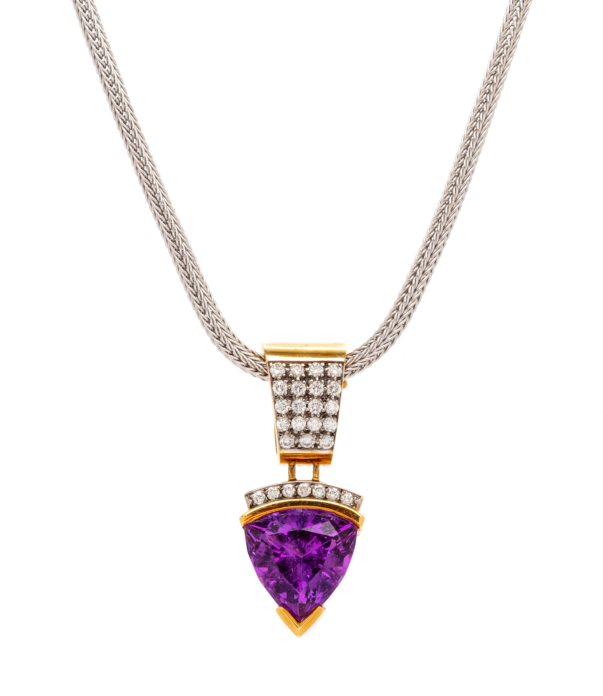 An 18 Karat Yellow Gold, Amethyst and Diamond Pendant with 14 Karat White Gold Chain,
