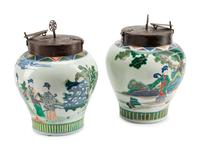A Pair of Chinese Export Iron Mounted Famille Verte Porcelain Tea Jars