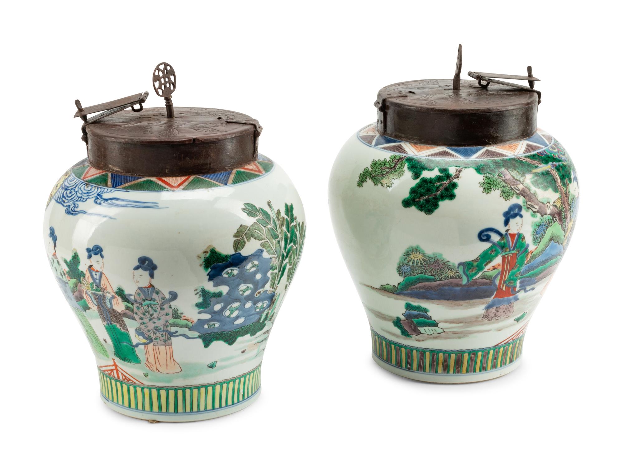 A Pair of Chinese Export Iron Mounted Famille Verte Porcelain Tea Jars
