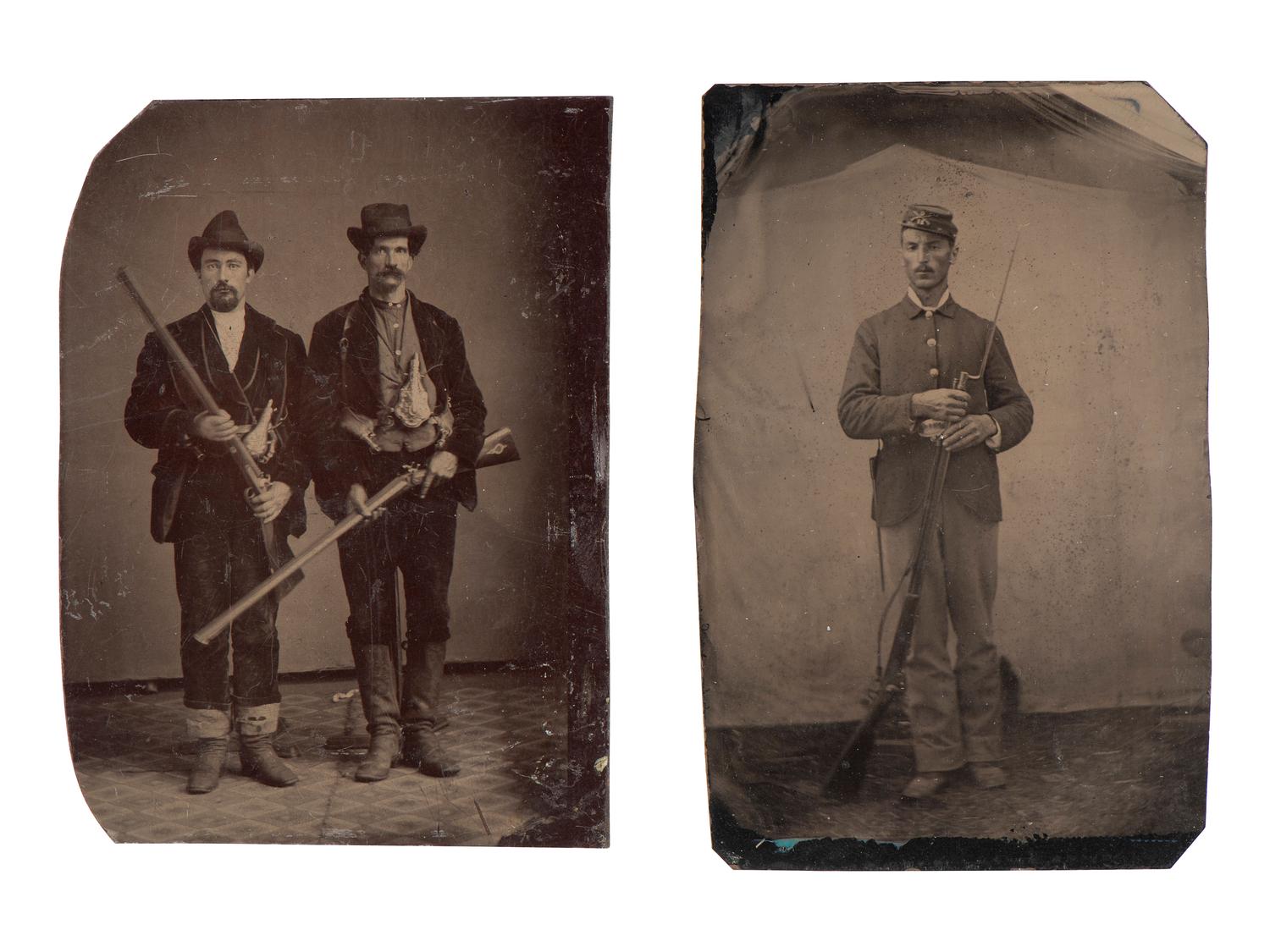 [WESTERN AMERICANA]. 3 tintypes of armed subjects, highlighted by possible buffalo hunter.