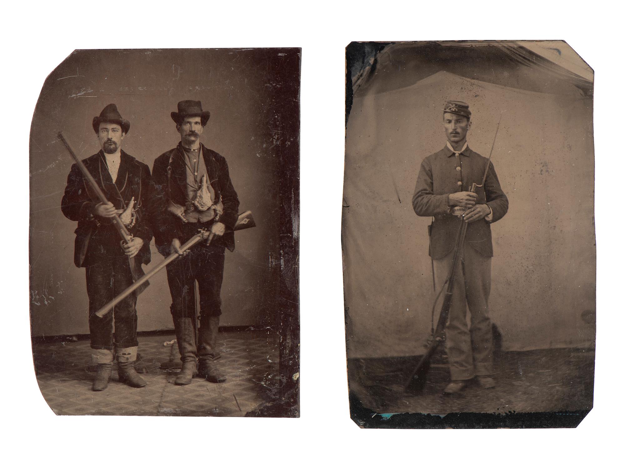 [WESTERN AMERICANA]. 3 tintypes of armed subjects, highlighted by possible buffalo hunter.