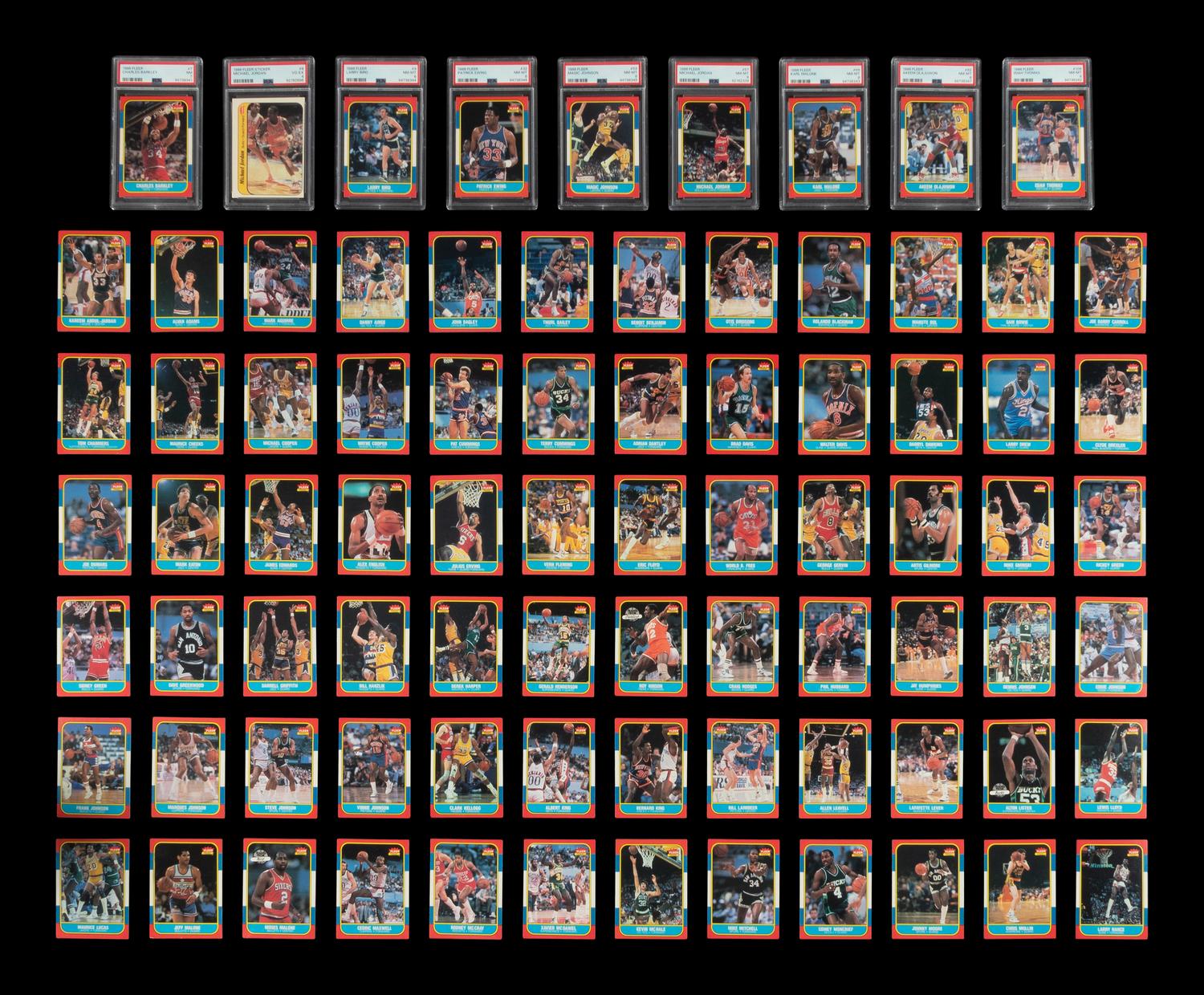 A Complete Set of 1986-87 Fleer Basketball Cards (132) Including Michael Jordan Rookie Card No. 57 (PSA 8 NM-MT) with Additional Graded Key Rookies and Sticker Set (11)
