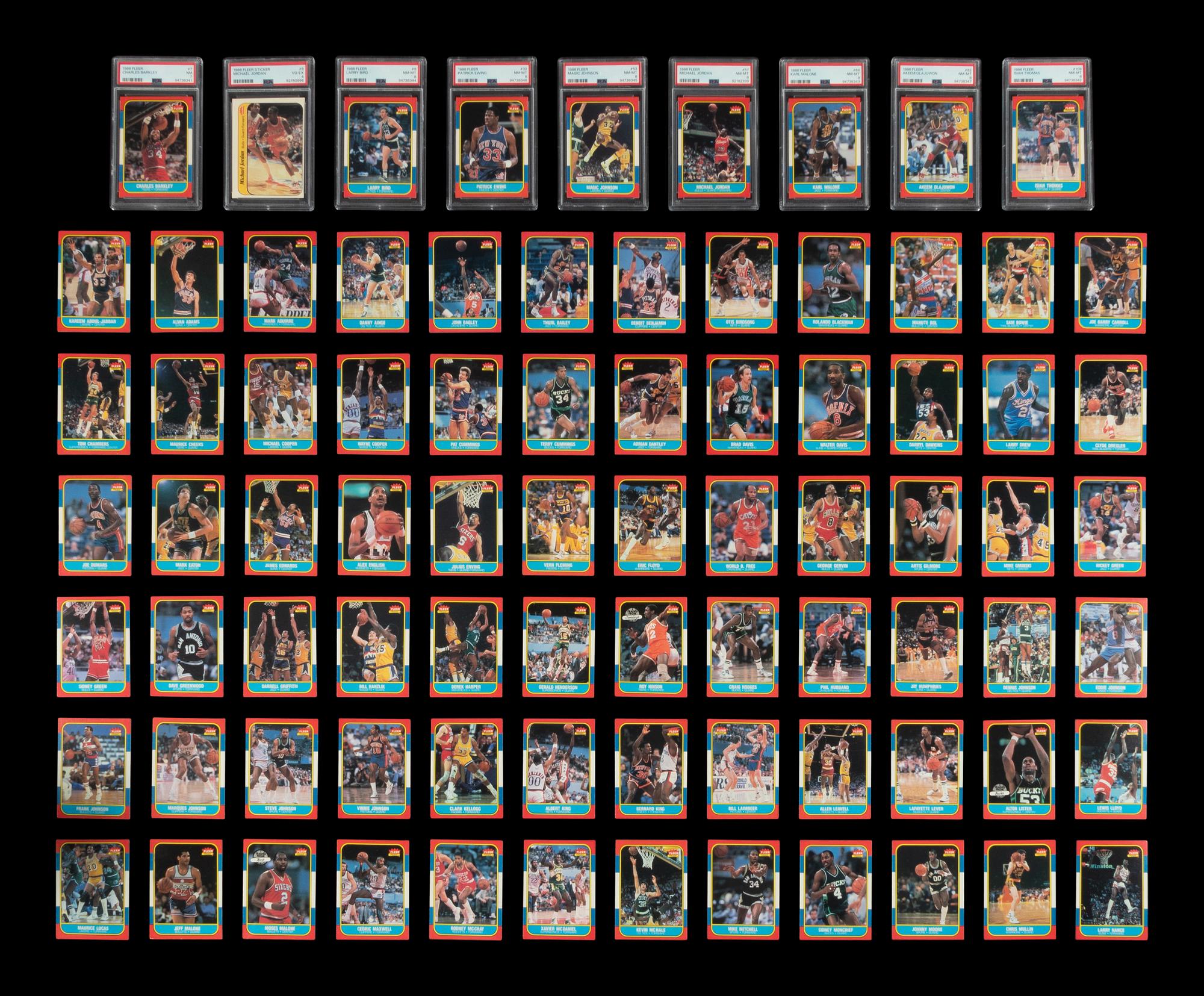 A Complete Set of 1986-87 Fleer Basketball Cards (132) Including Michael Jordan Rookie Card No. 57 (PSA 8 NM-MT) with Additional Graded Key Rookies and Sticker Set (11)