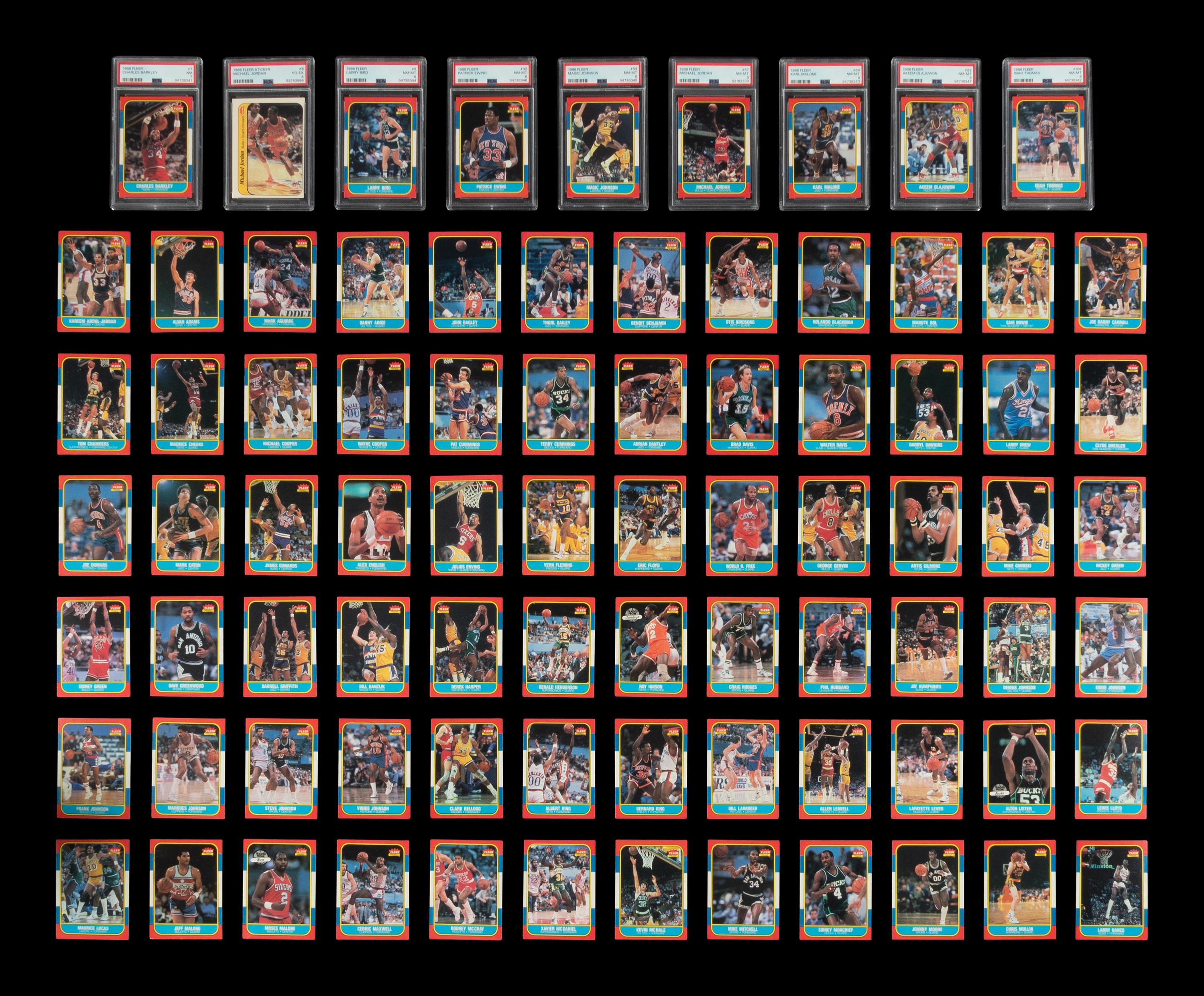 A Complete Set of 1986-87 Fleer Basketball Cards (132) Including Michael Jordan Rookie Card No. 57 (PSA 8 NM-MT) with Additional Graded Key Rookies and Sticker Set (11)