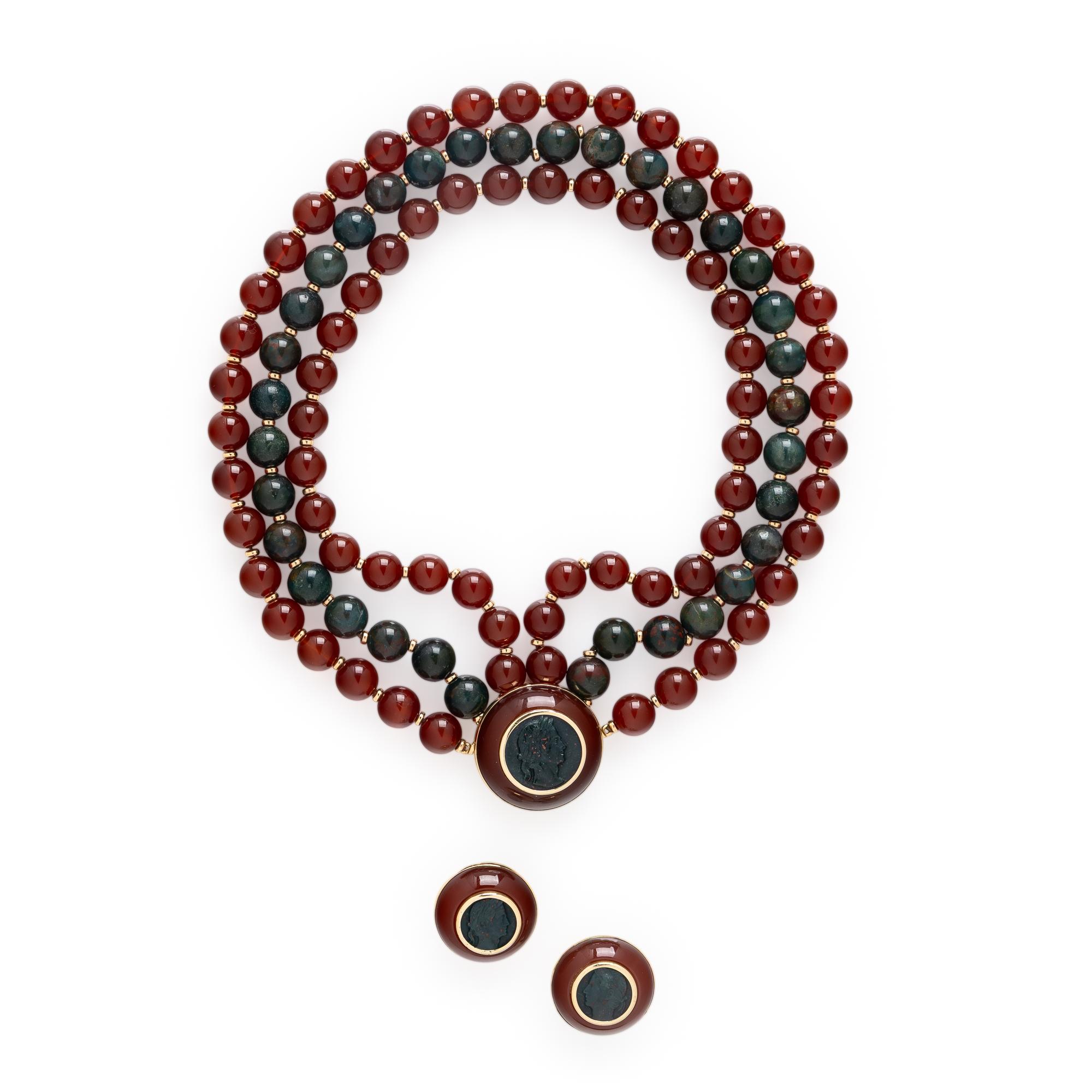 Trianon, Carnelian, Bloodstone, and Yellow Gold Convertible Necklace and Earrings