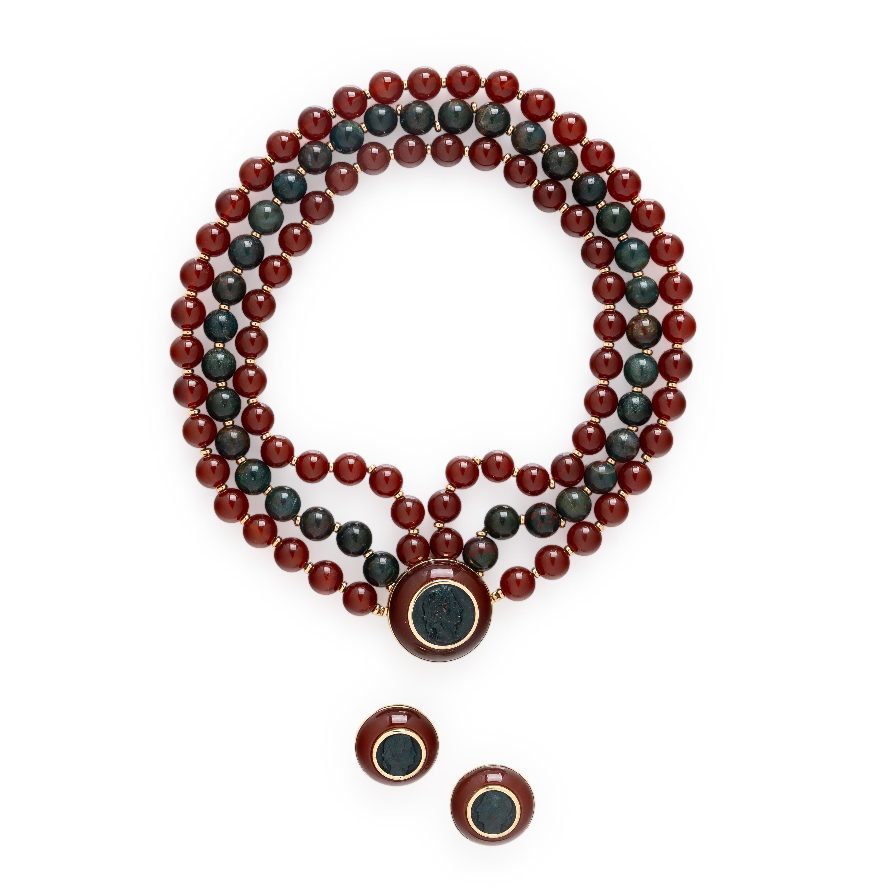 Trianon, Carnelian, Bloodstone, and Yellow Gold Convertible Necklace and Earrings