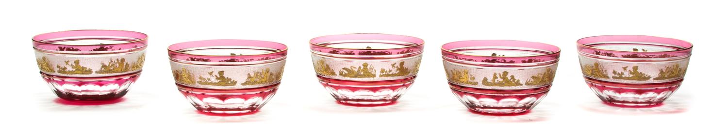 A Set of Twelve Bohemian Cranberry Cut-to-Clear Glass Bowls, Diameter 4 1/2 inches.