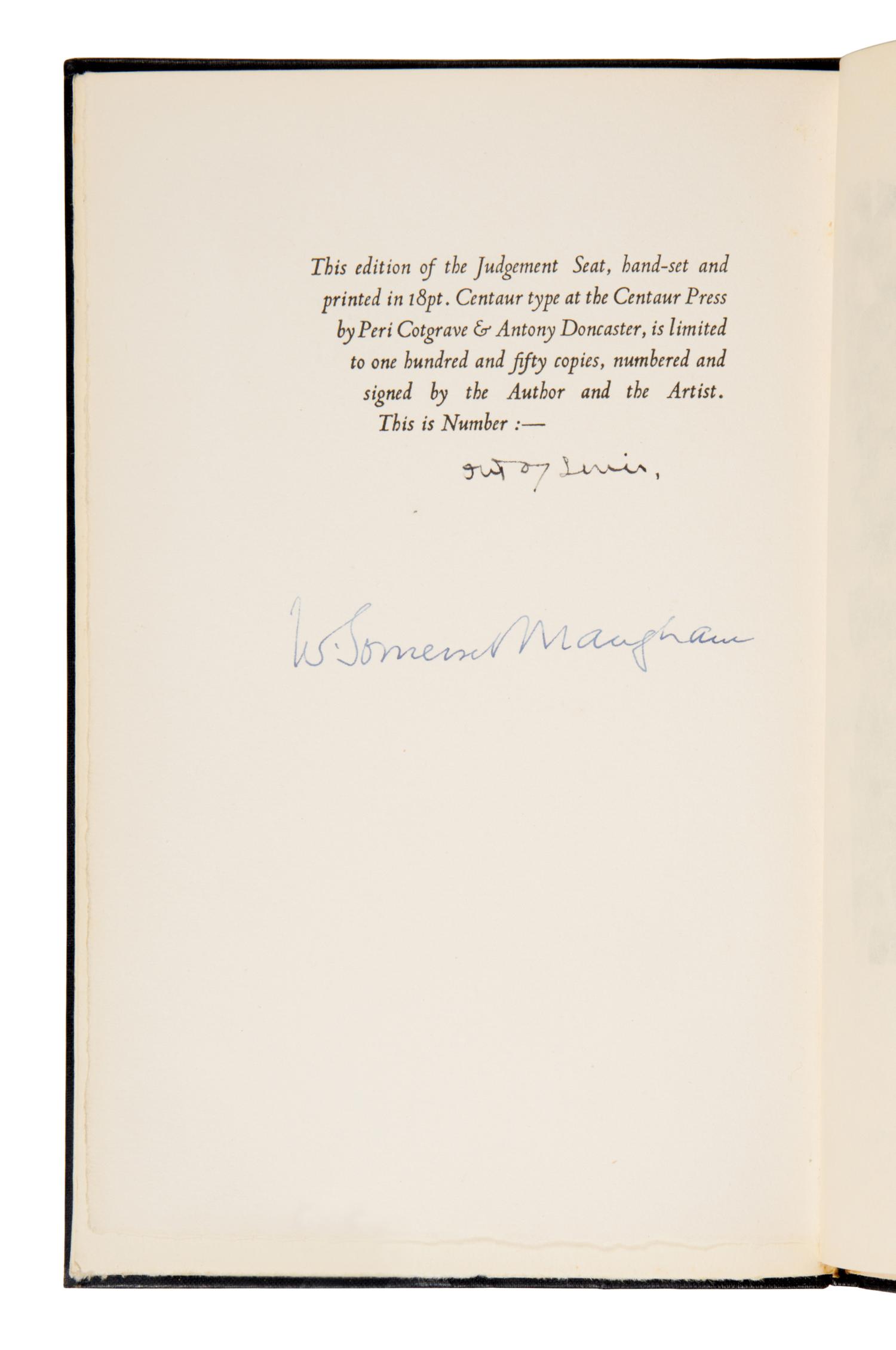 Maugham, W. Somerset (1874-1965). The Judgement Seat . London: The Centaur Press, 1934.