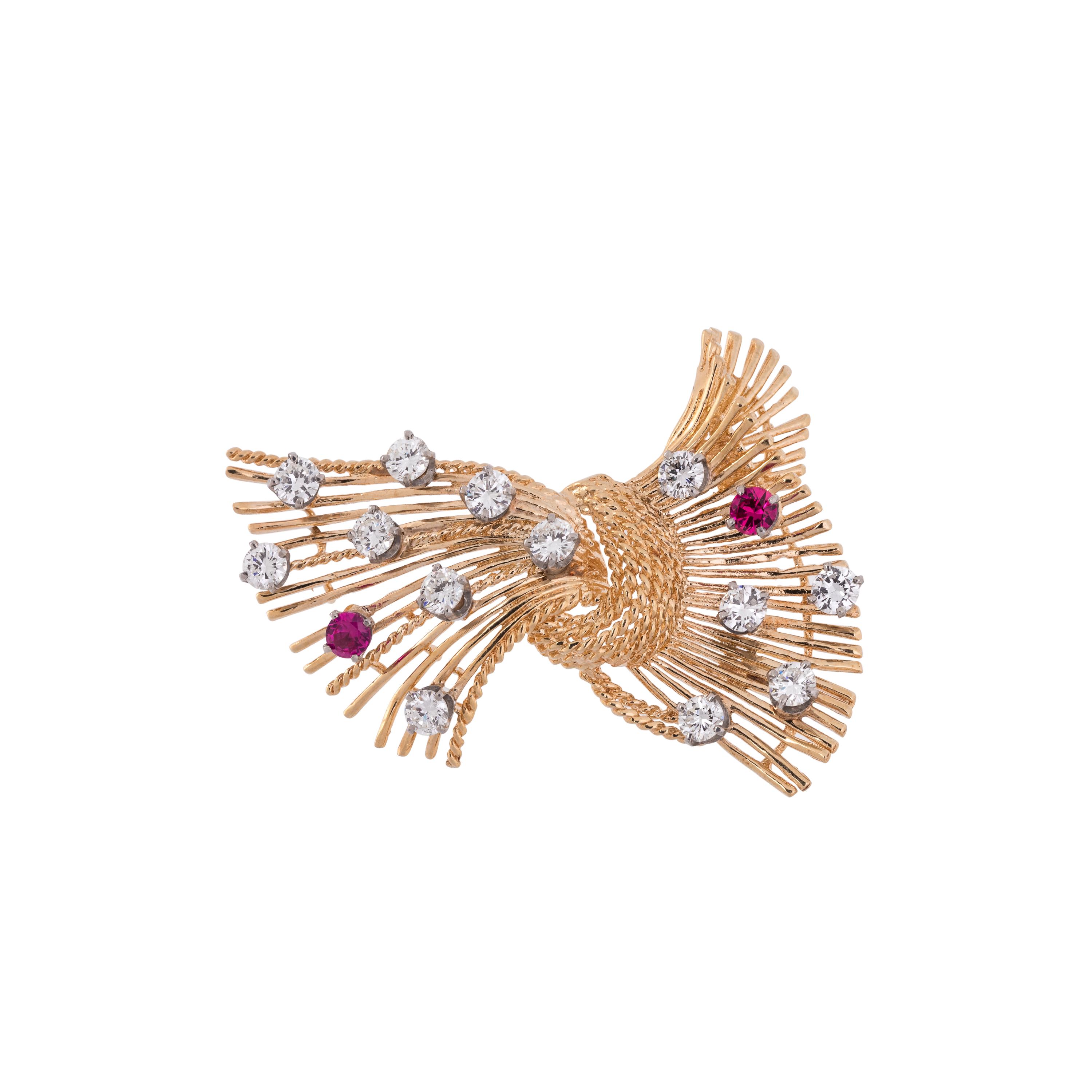 YELLOW GOLD, DIAMOND AND SYNTHETIC RUBY BROOCH