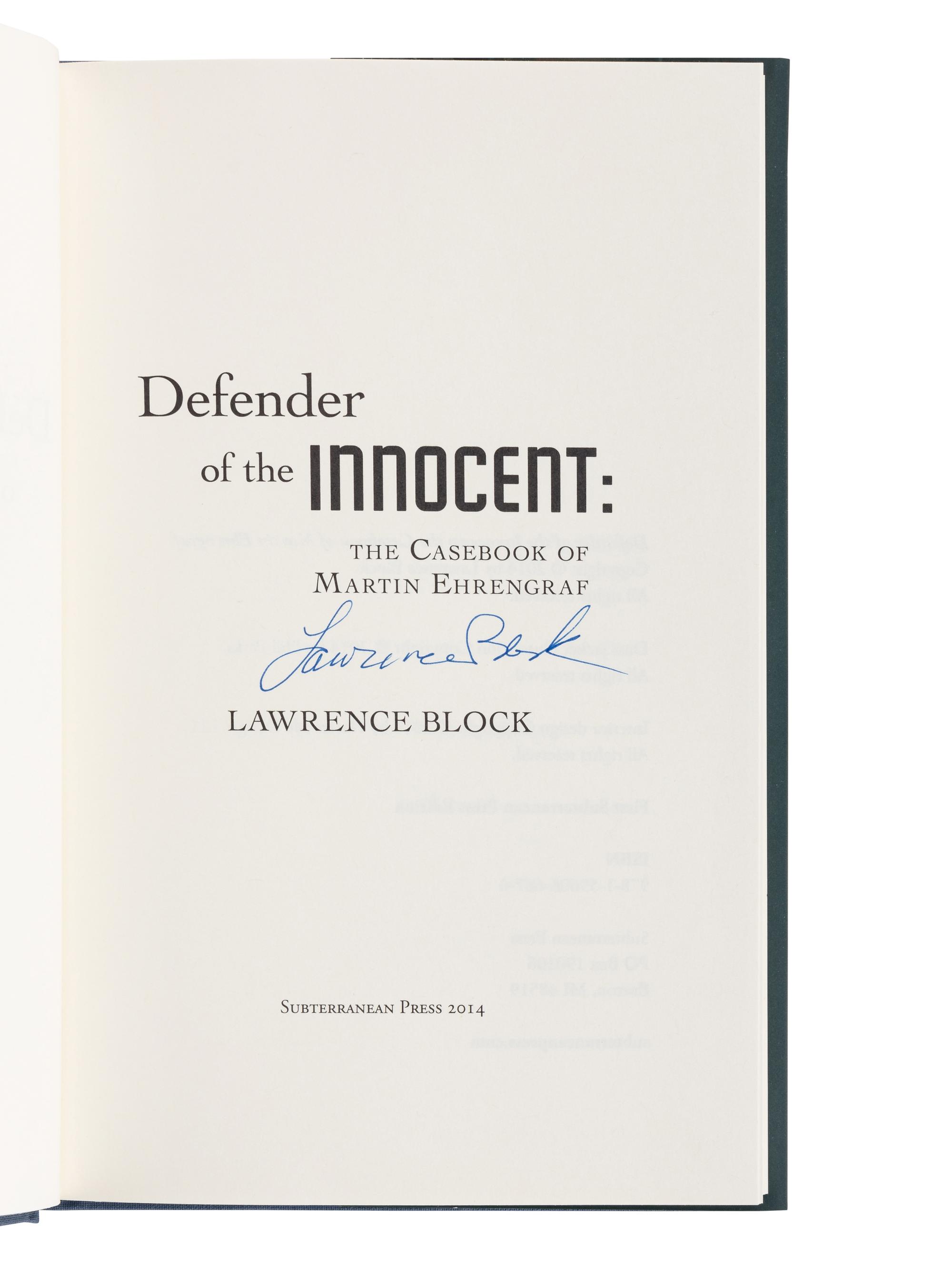 BLOCK, Lawrence (b. 1938). A group of 6 works by Block, ALL FIRST EDITIONS, ALL SIGNED OR INSCRIBED, comprising: